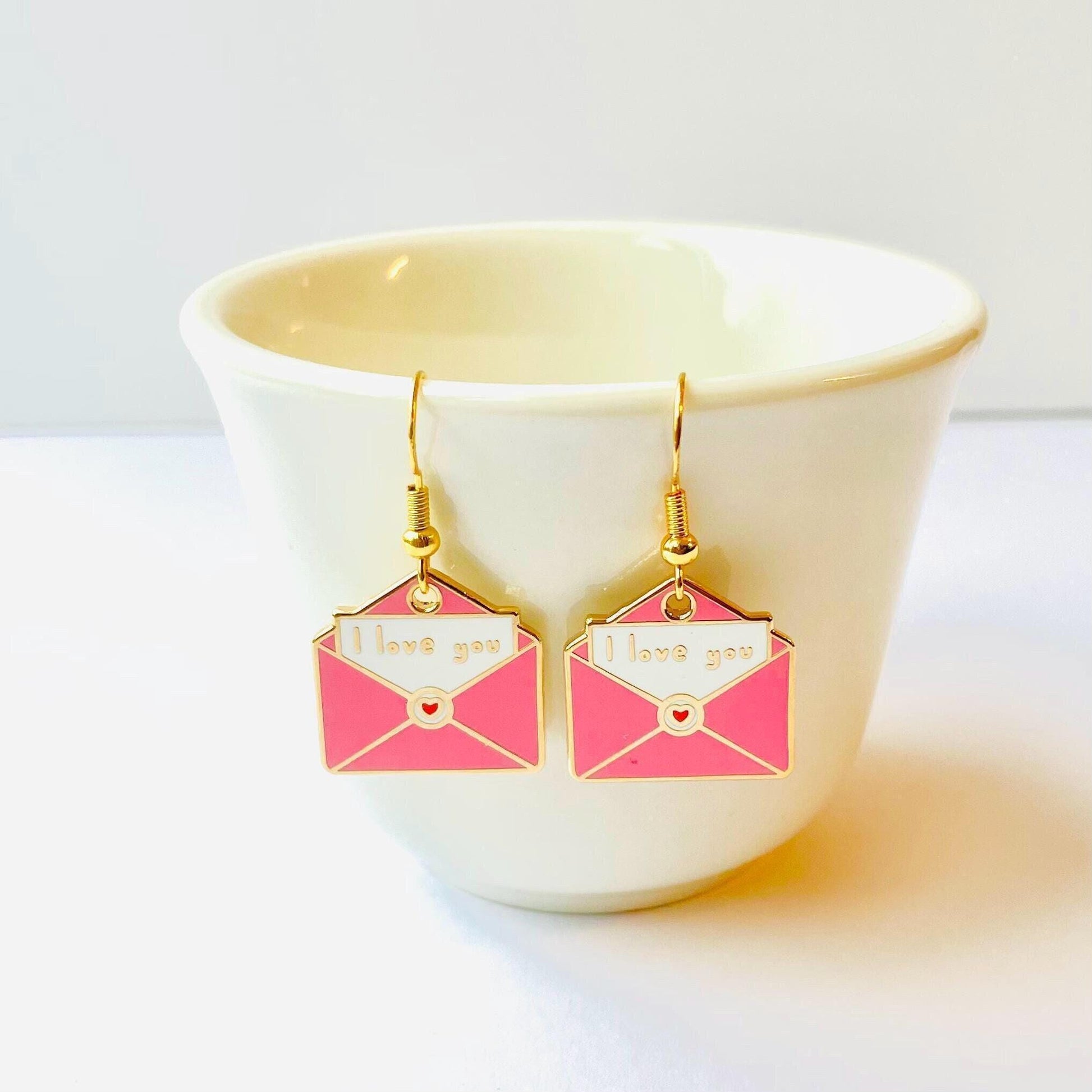Love letter pink gold hard enamel hook or stud dangle earrings