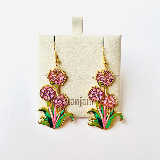 Purple Allium hook dangle gold hard enamel earrings