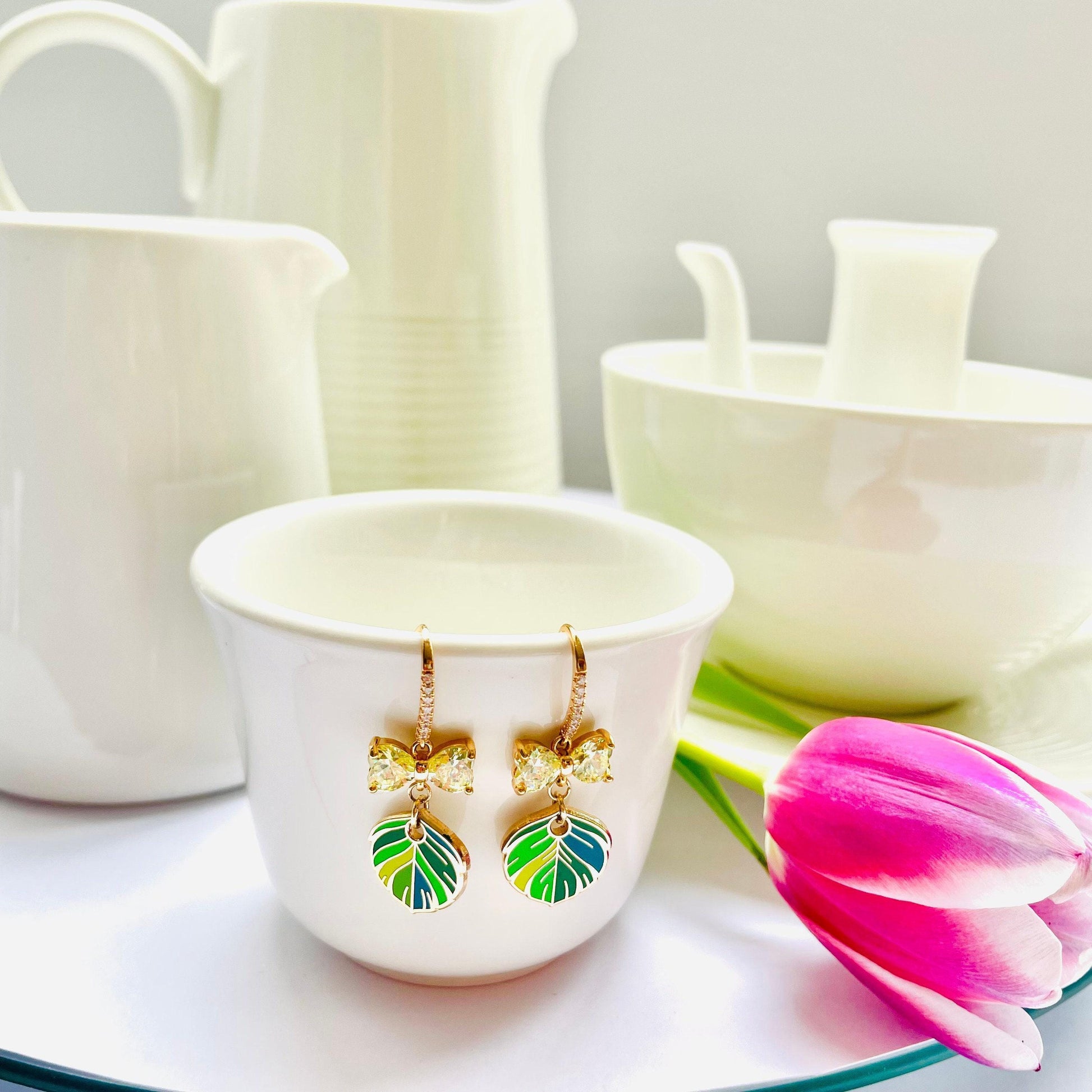 Crystal Drop Earrings: Yellow Feather Design - Gold Plated, Dangle Style, Advent calendar