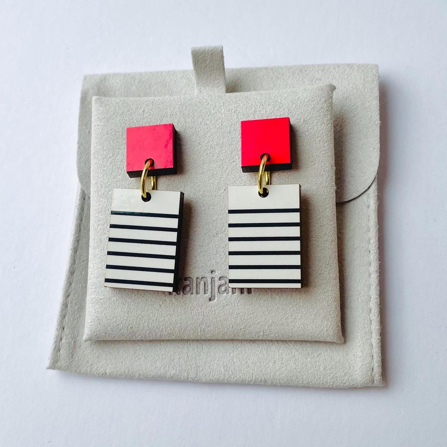 White and red geometric Breton earrings, rectangle minimalist design, wood earrings