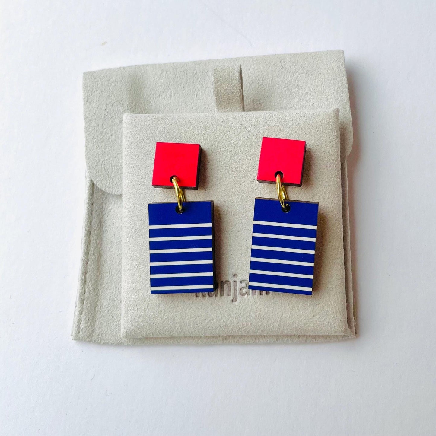 Blue and red geometric Breton earrings, rectangle minimalist design, wood earrings