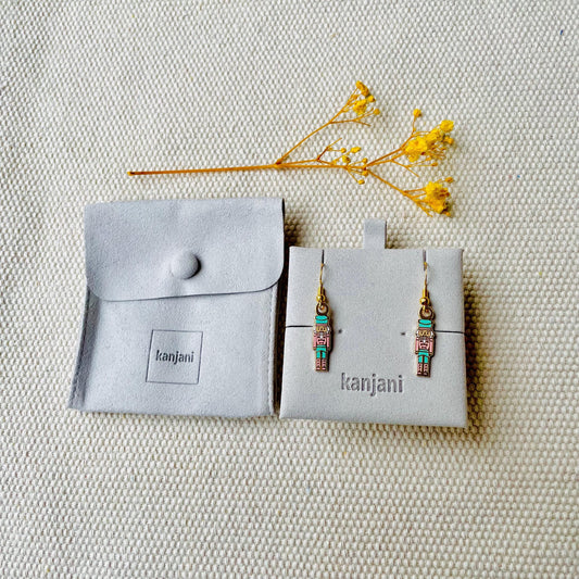 Pink and teal blue nutcracker Soldier gold hard enamel hook earrings