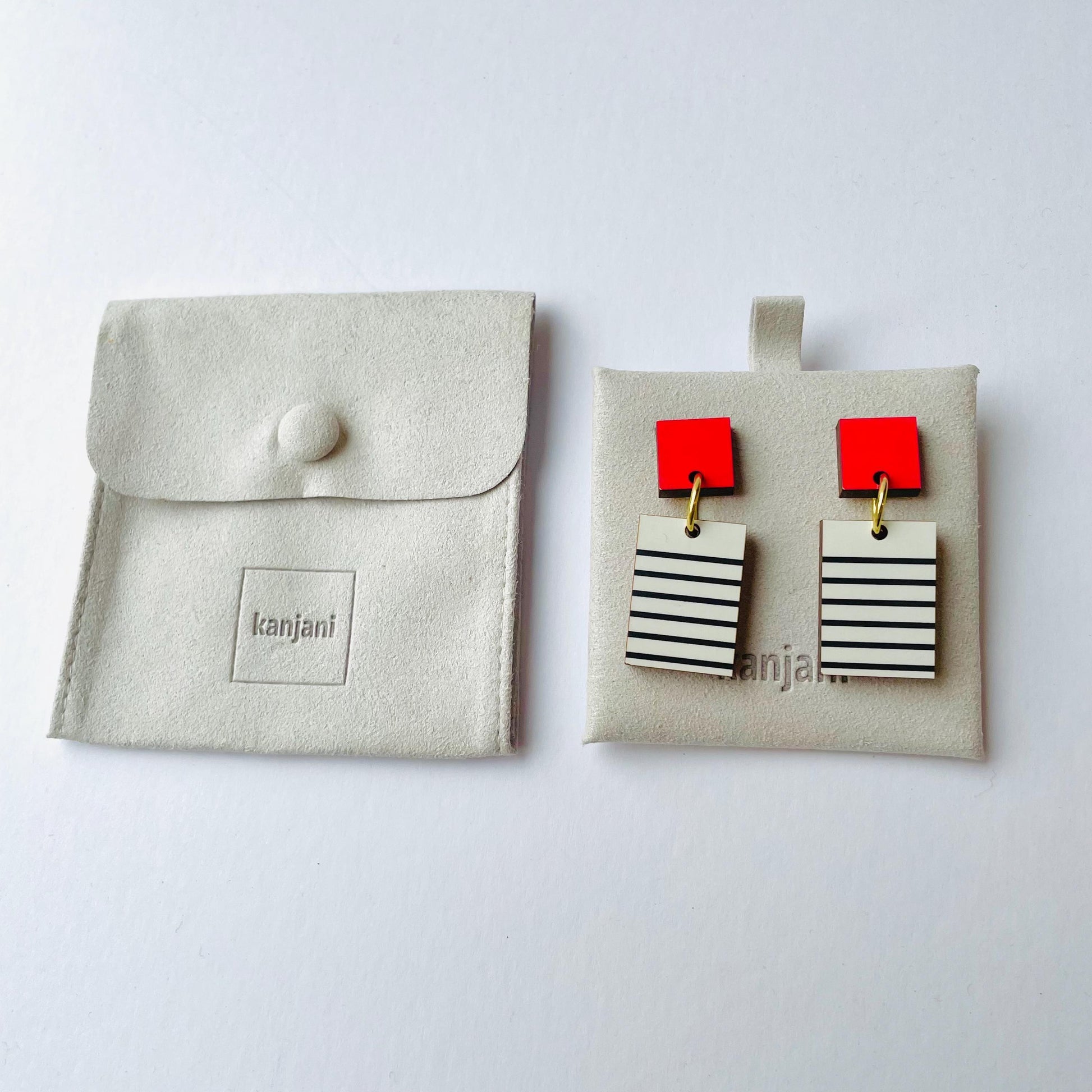 White and red geometric Breton earrings, rectangle minimalist design, wood earrings