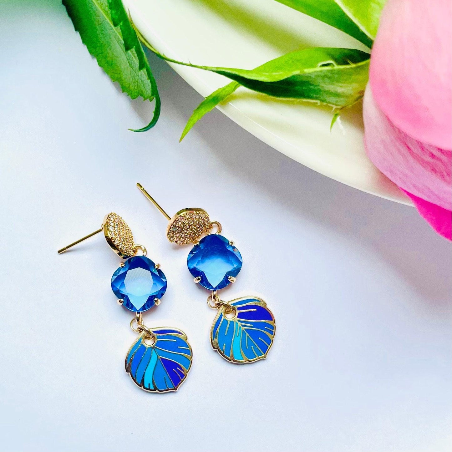 Blue crystal pendant Enamel feather stud dangle drop earrings