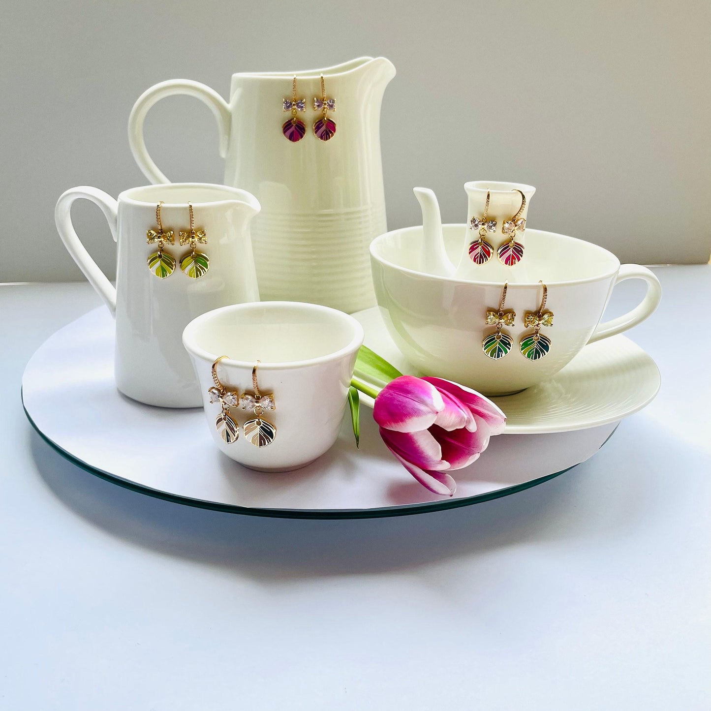 Bird-Inspired Feather Earrings, Lime Green Enamel, Gold CZ (Dangle 3.5cm), Advent calendar