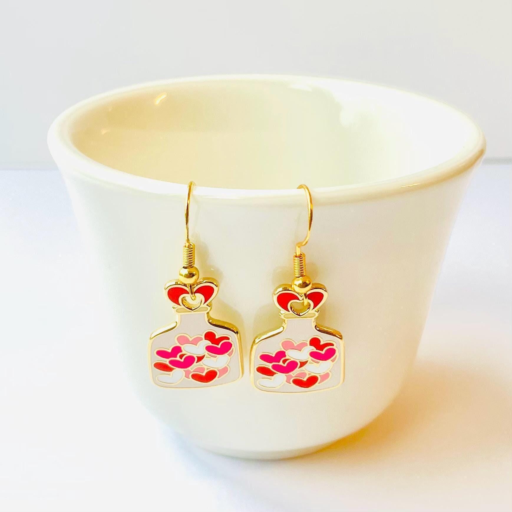 Jar of hearts, love potion gold hard enamel hook or stud dangle earrings