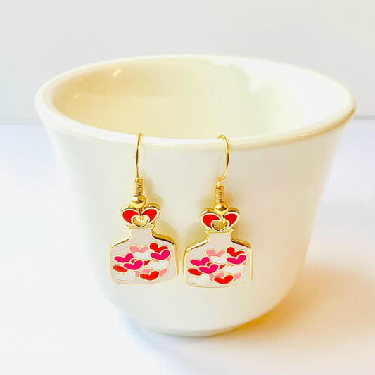 Jar of hearts, love potion gold hard enamel hook or stud dangle earrings
