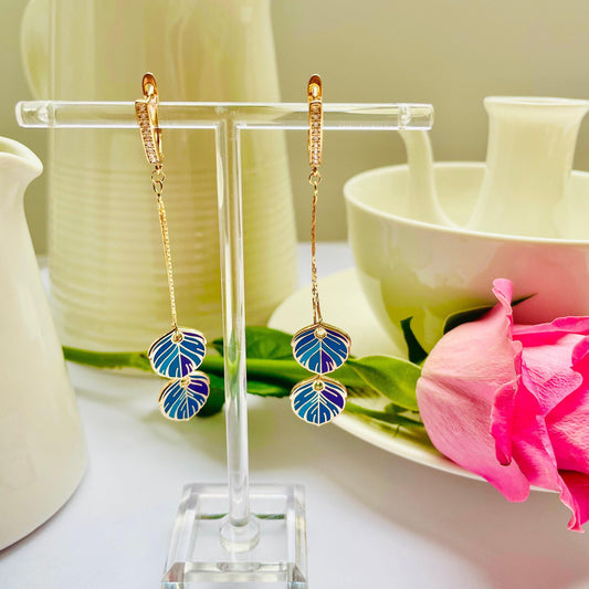 Blue hard enamel cloisonné feather dangle drop earrings