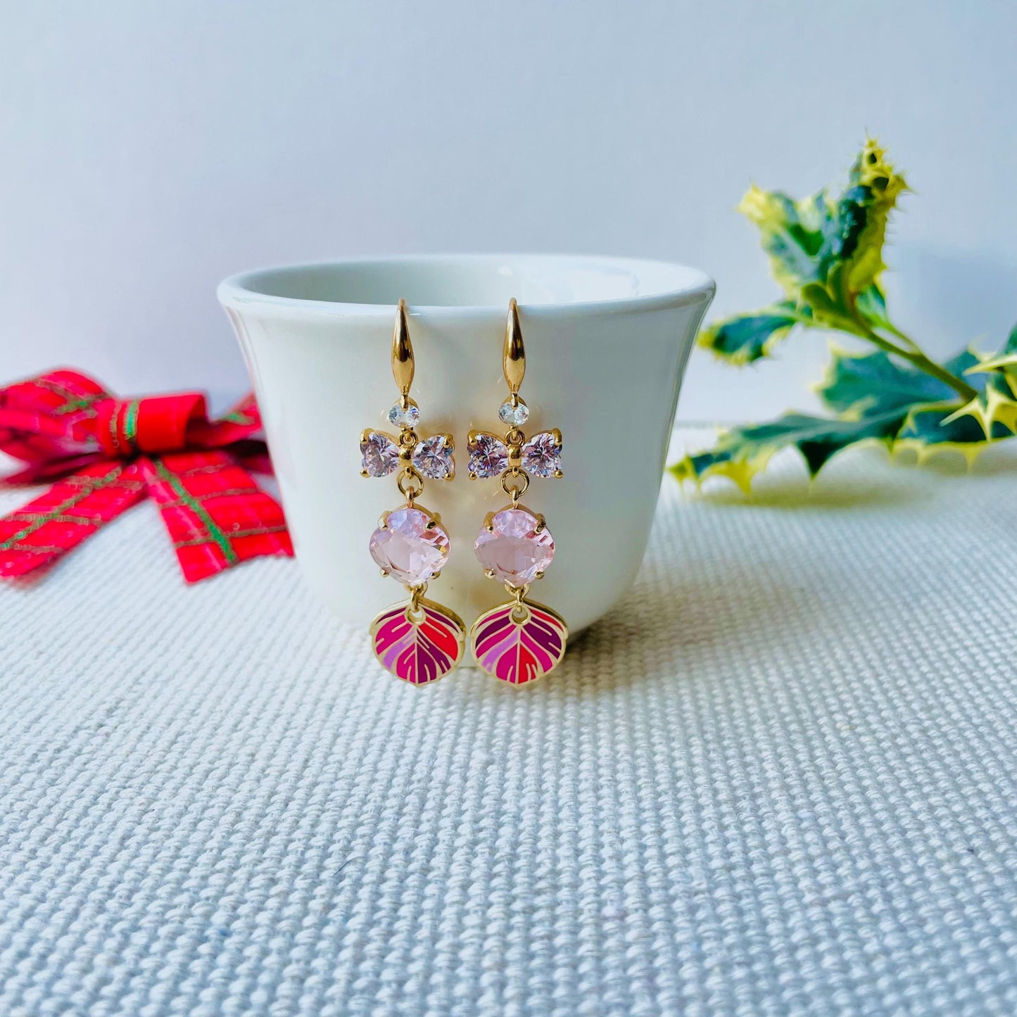 Red triple pendant cubic zirconia enamel feather dangle drop earrings