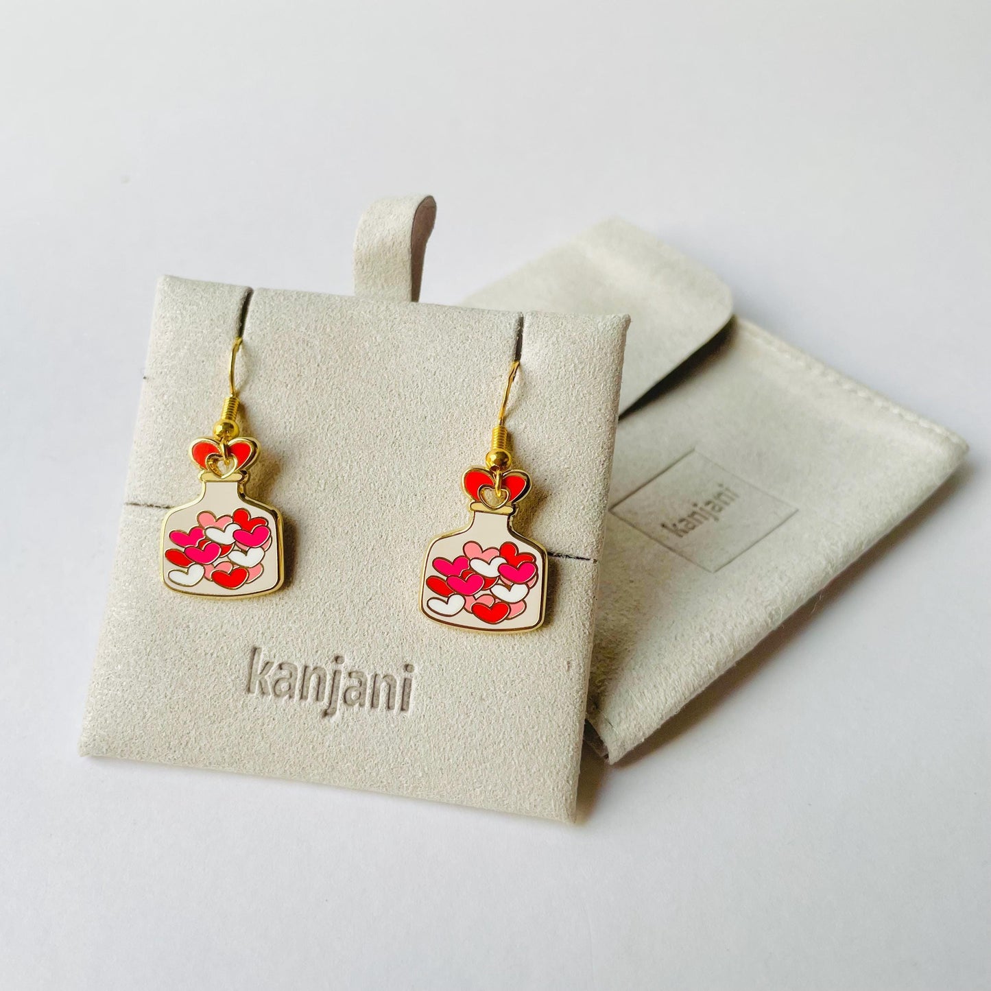 Jar of hearts, love potion gold hard enamel hook or stud dangle earrings