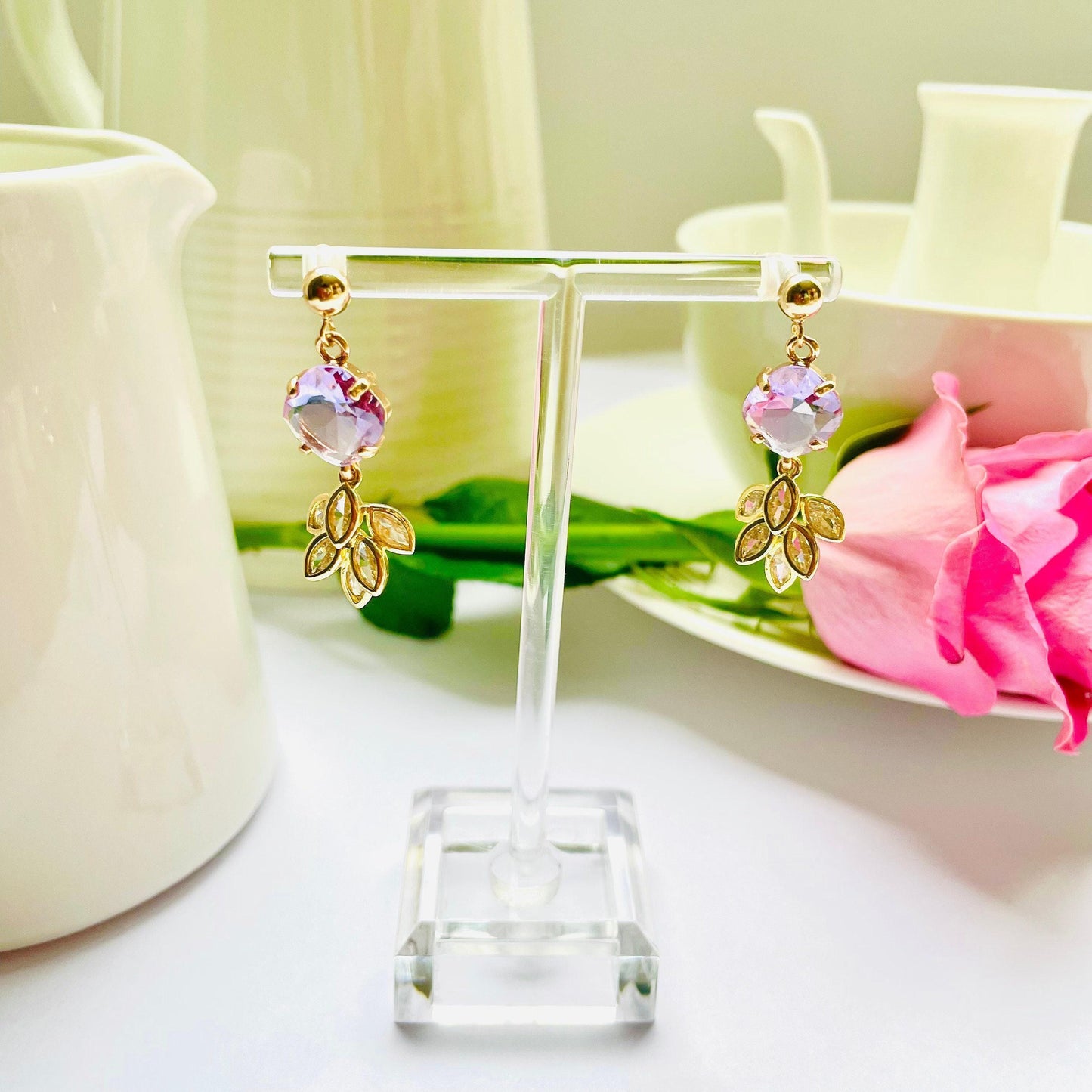 Purple Feather Earrings: Dangle Drop with Gold and Crystal Details, Advent calendar