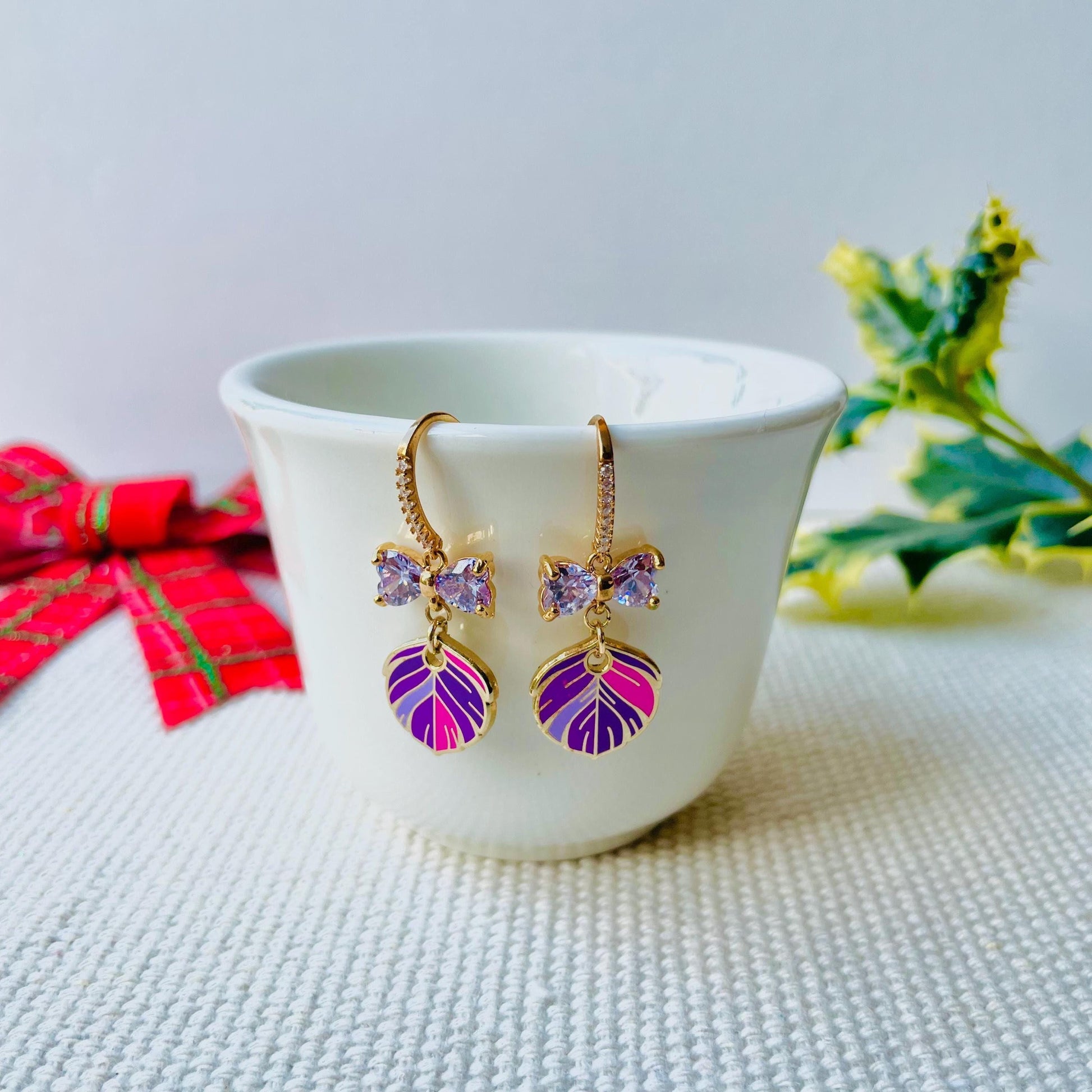 Bow feather purple dangle drop enamel cubic zirconia earrings