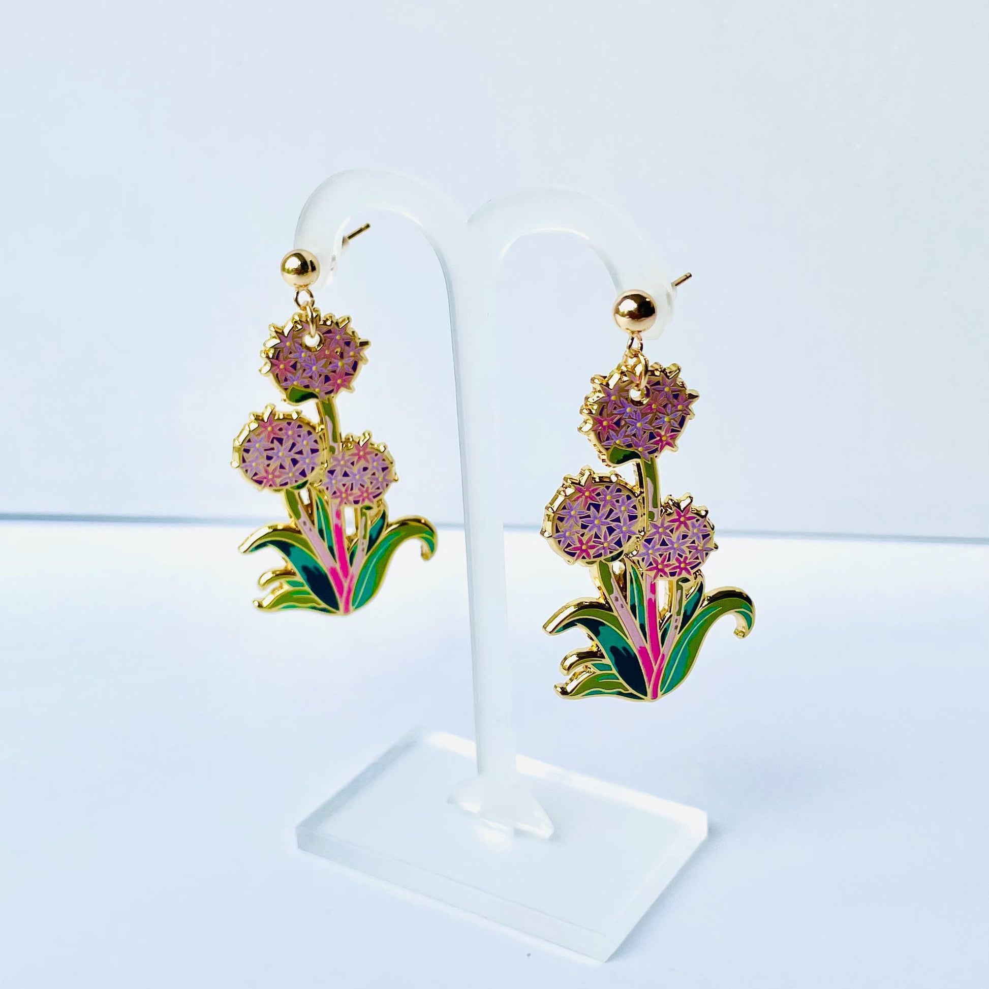 Purple Allium stud dangle gold hard enamel earrings