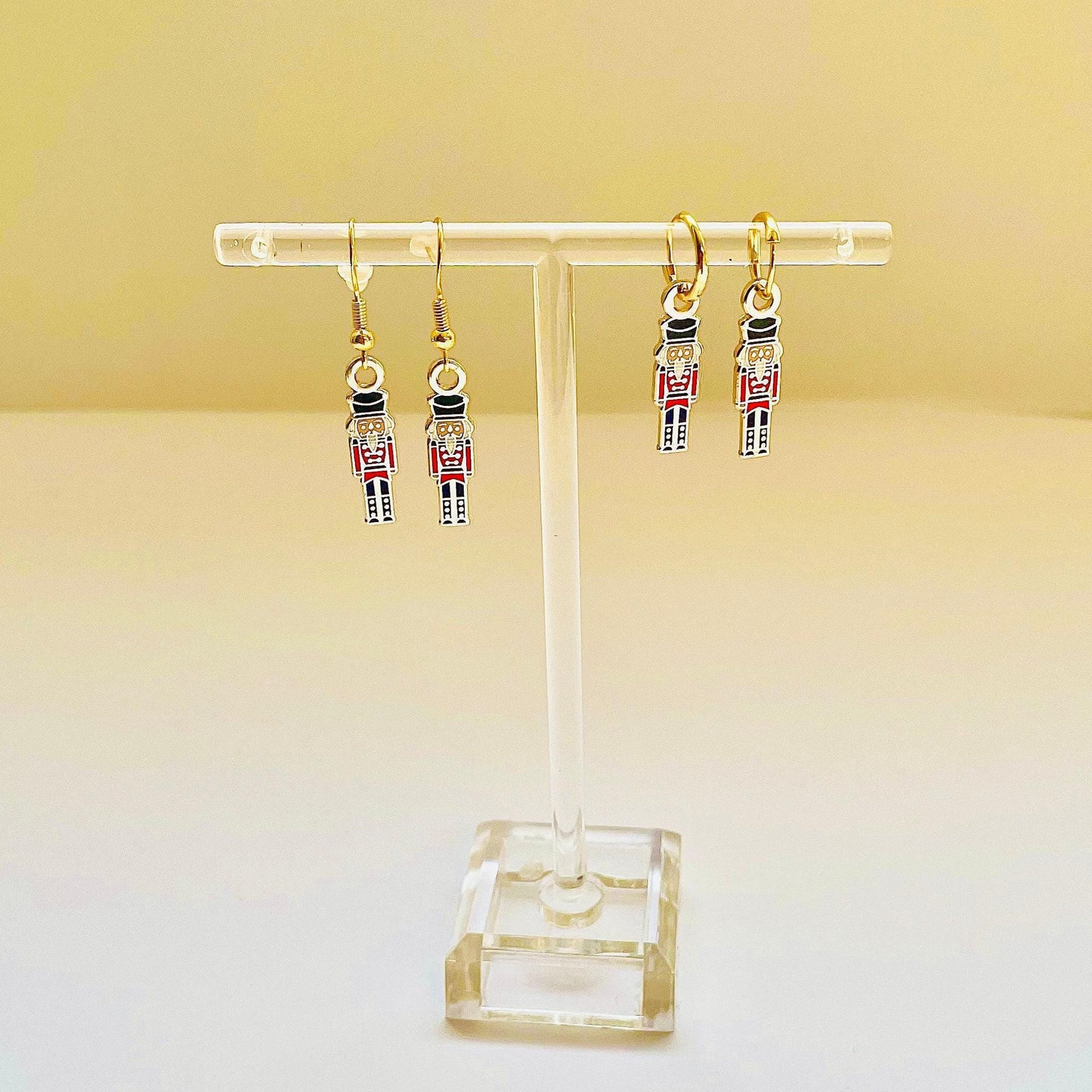 Nutcracker Dangle Earrings, Minimalist Gold & Black Red (Sterling Silver), Christmas gift, stocking stuffer, Advent calendar
