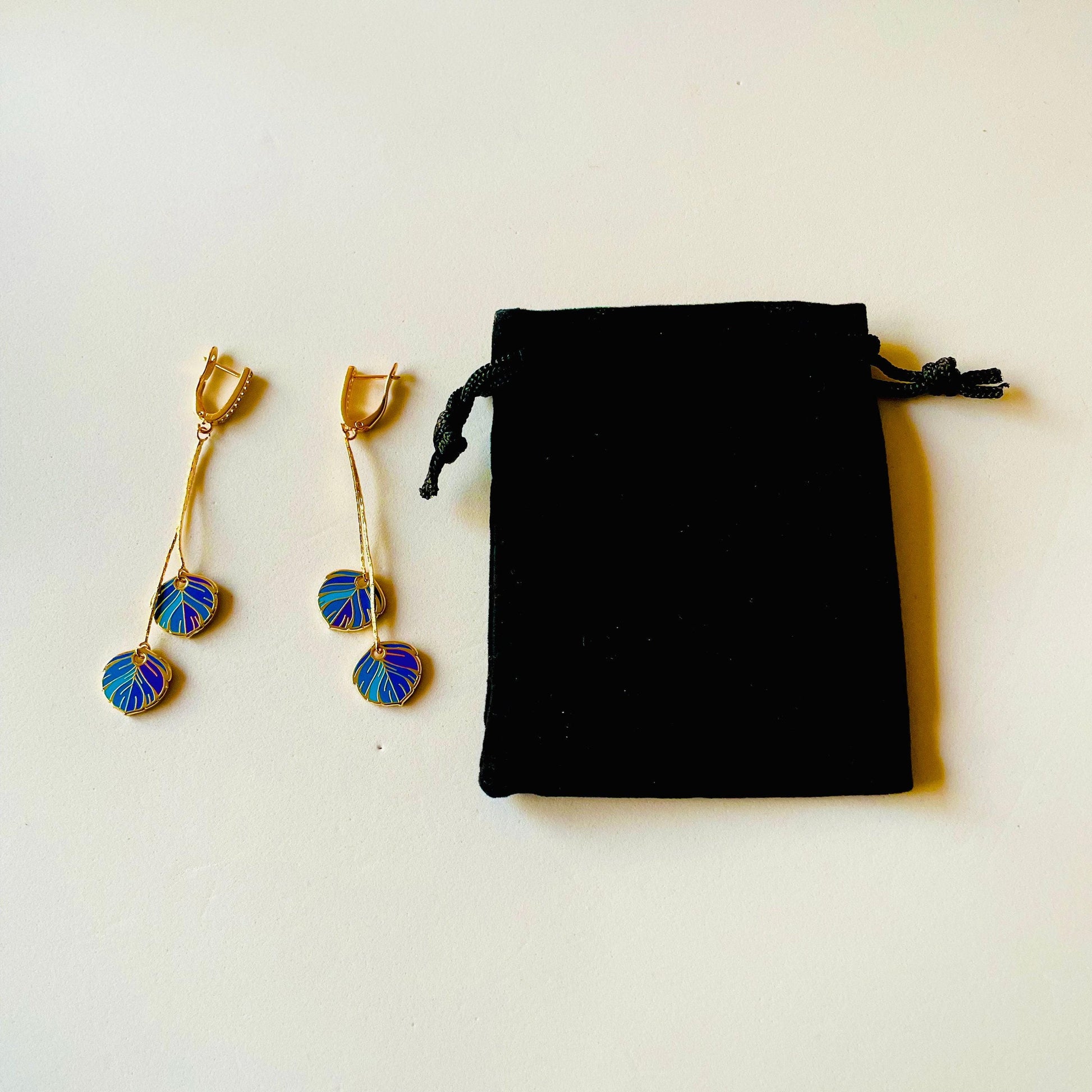 Blue Feather Dangle Earrings: Textured Enamel with Gold and CZ, Advent calendar