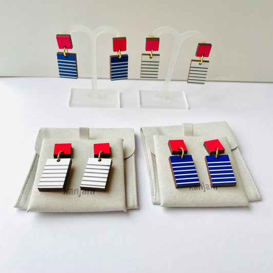 Blue and red, and white and red, geometric Breton earrings, rectangle minimalist design, wood earrings