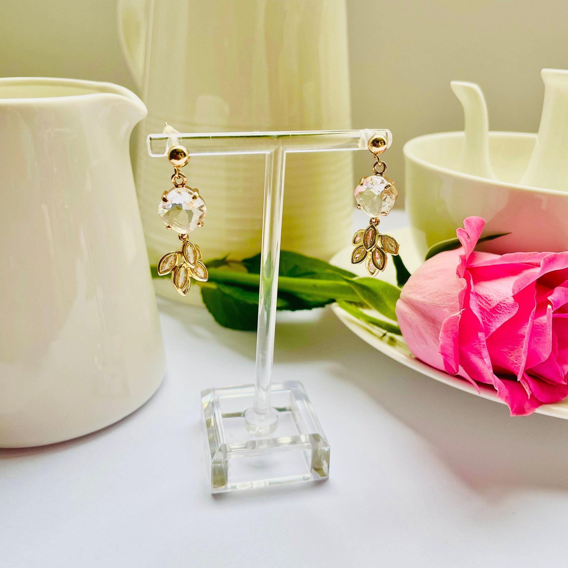 Clear Crystal Feather Earrings: Dangle Drop with Gold Cubic Zirconia, Advent calendar