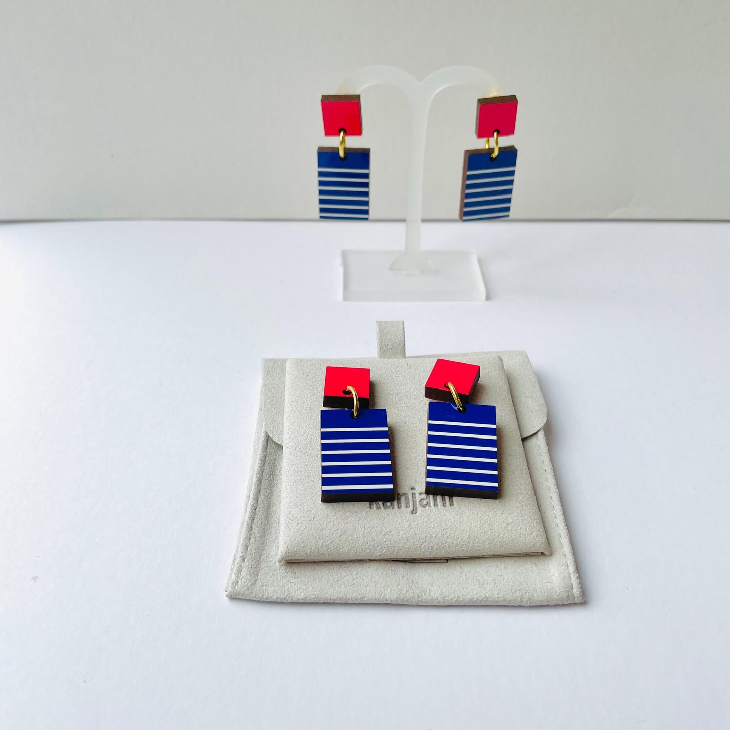Blue and red geometric Breton earrings, rectangle minimalist design, wood earrings