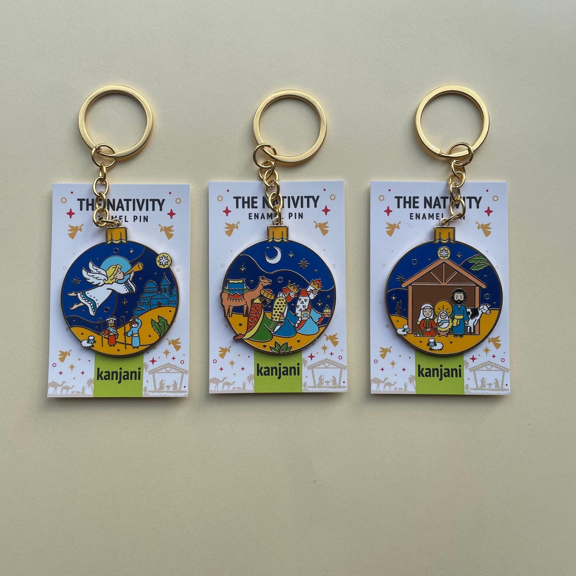 Christmas ornament Enamel pin gift, Nativity bauble, keychain, fridge magnet, Mary, Joseph, Baby Jesus, Christmas, Tree