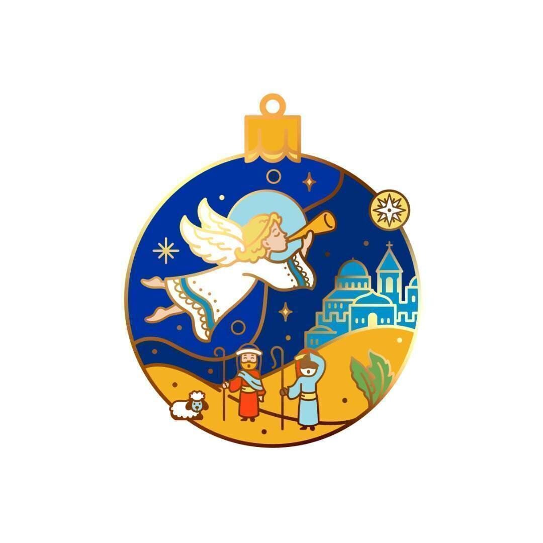 Nativity Enamel pin gift, ornament, bauble, keychain, fridge magnet, angel, trumpet, star, Bethlehem, Christmas, Tree