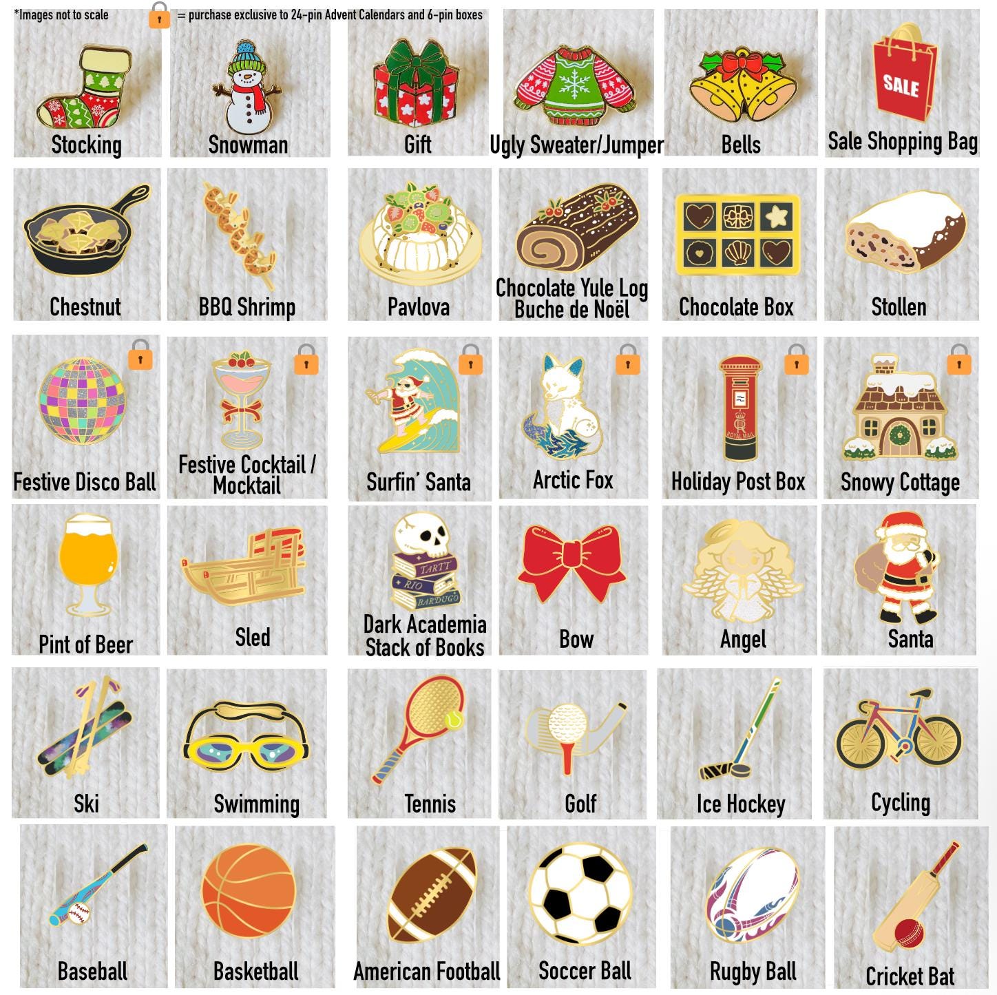 a collection of various objects and icons, including a stocking, a snowman, a gift, a ugly sweater, a jumper, balls, a sale shopping bag, a chestnut, BBQ shrimp, pavlova, chocolate box, stolen, a sled, a festive cocktail, surini santa, an arctic fox, a holiday post box, a snowy cottage, a pint of beer, a sled, an angel, a bow, a stack of books, a pair of glasses, a tennis racket, a golf ball, an ice hockey stick, a bicycle, a cricket bat, a basketball, a rugby ball, and a football.