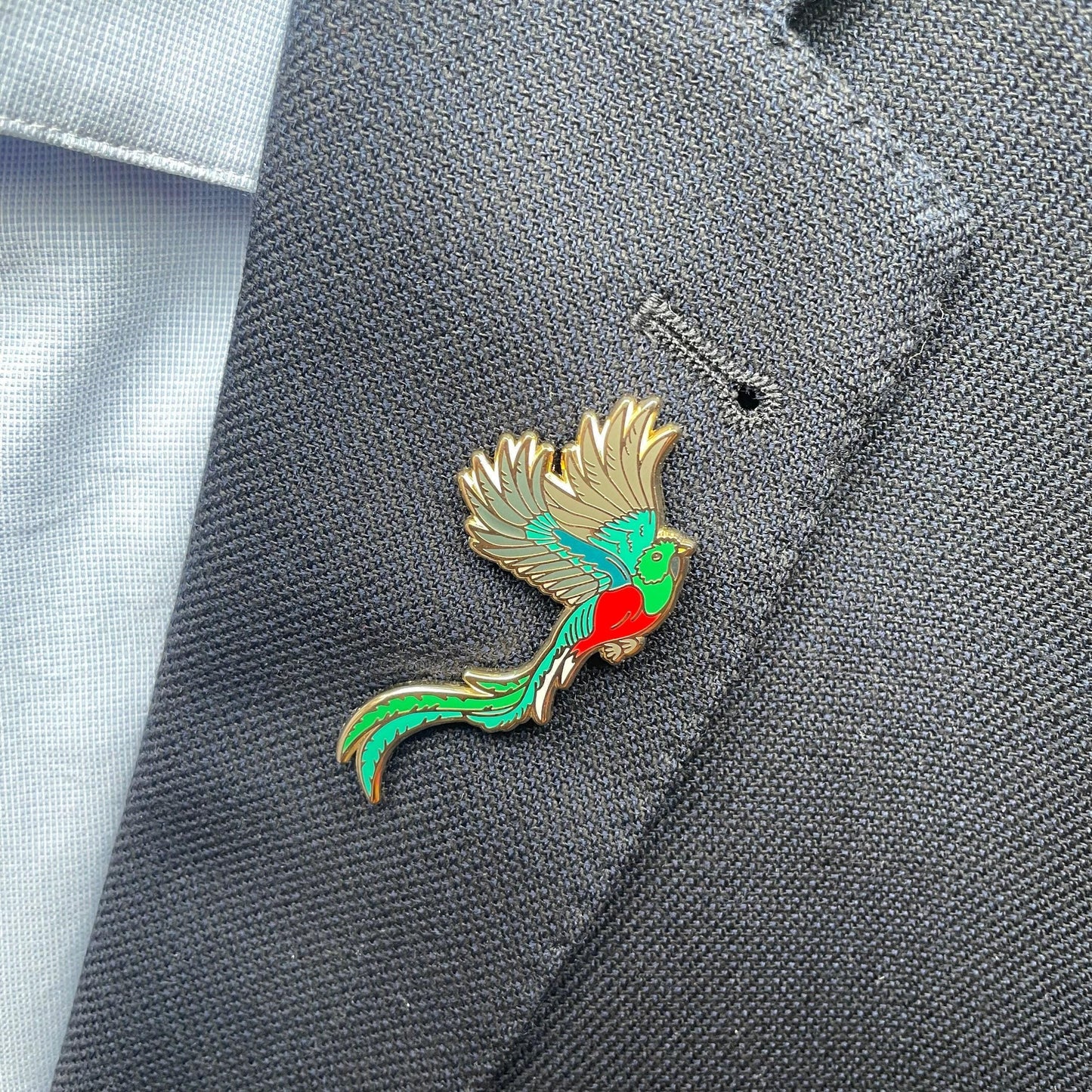 Quetzal Enamel pin gift. Resplendent bird lapel badge.