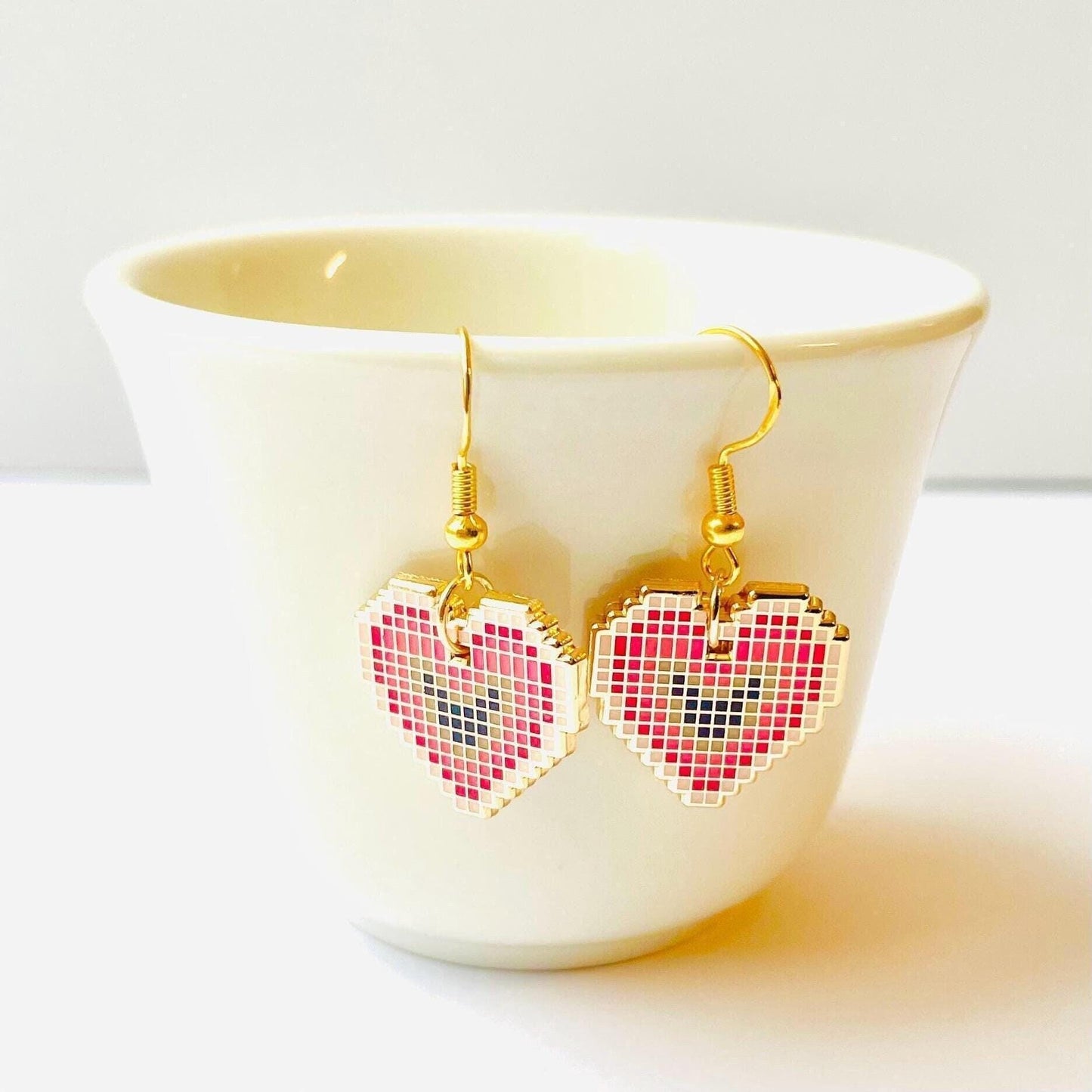 Heart pixel pink and navy gold heart enamel dangle earrings stud or hook
