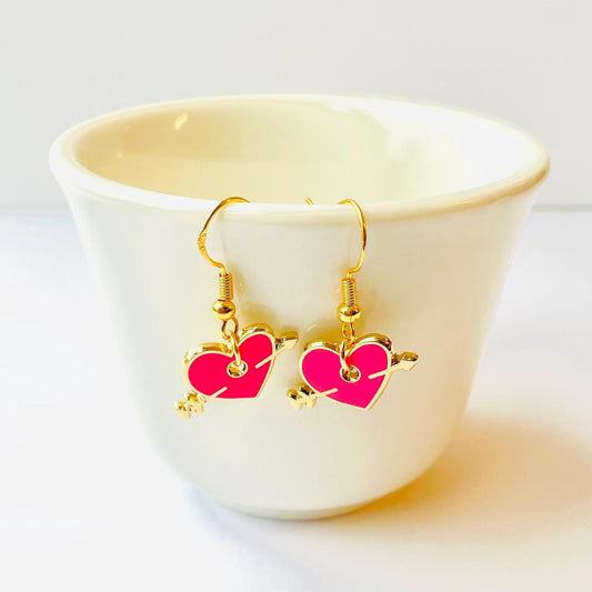 Arrow through hear, Cupid’s arrow gold heart enamel dangle earrings stud or hook