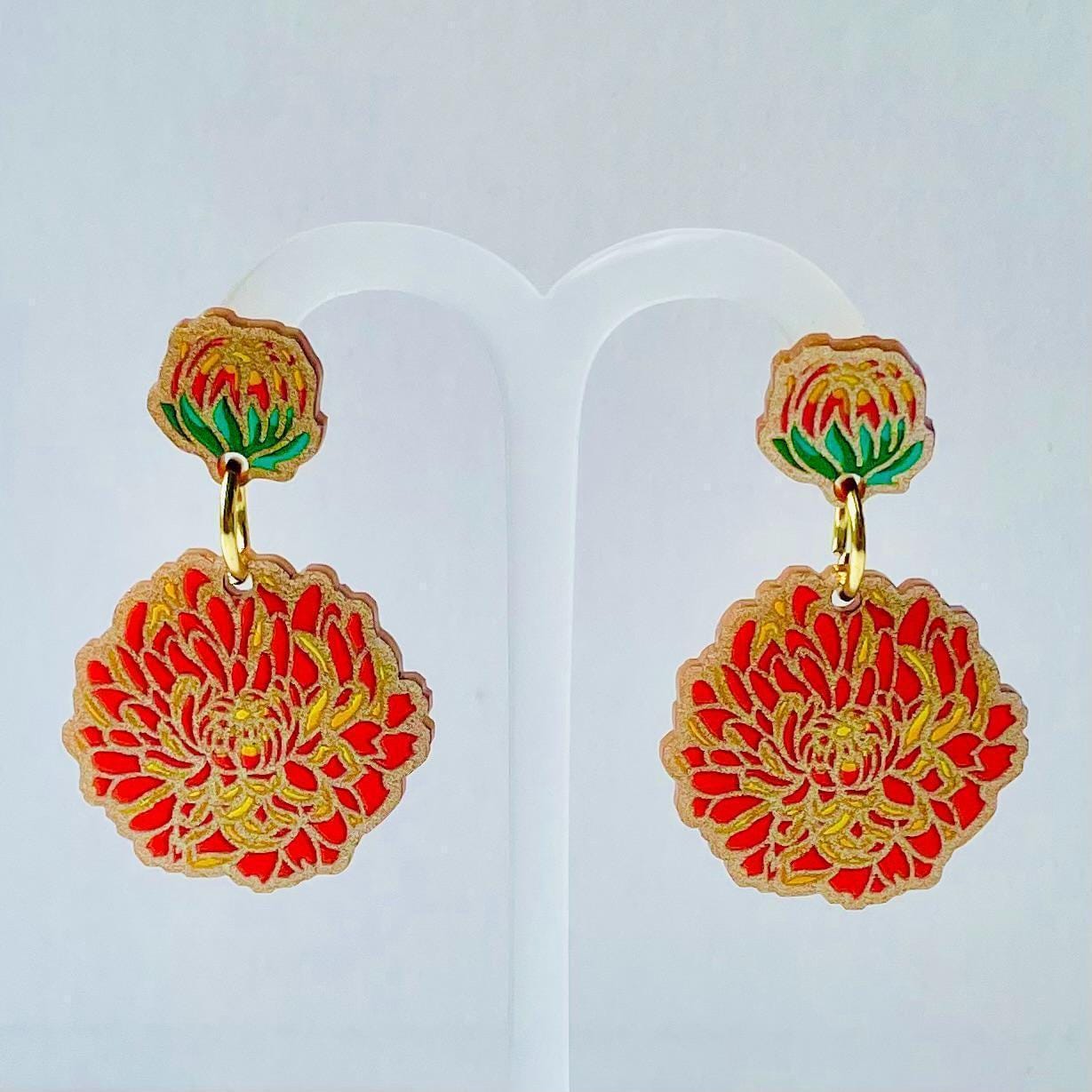 Orange chrysanthemum acrylic stud dangle gold hard enamel earrings