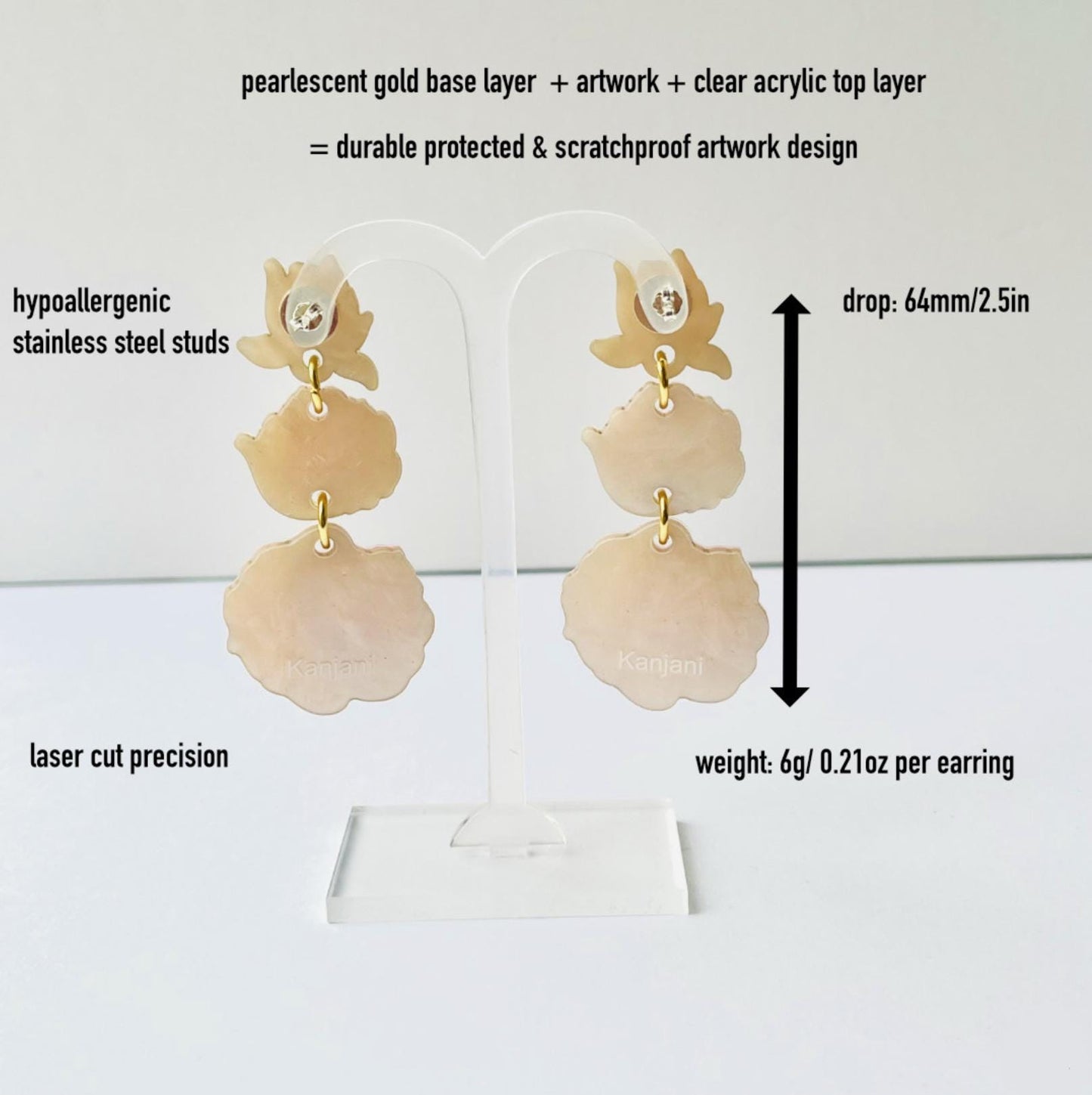 Rear view of Rose gold pearlescent acrylic dangle drop statement stud earrings