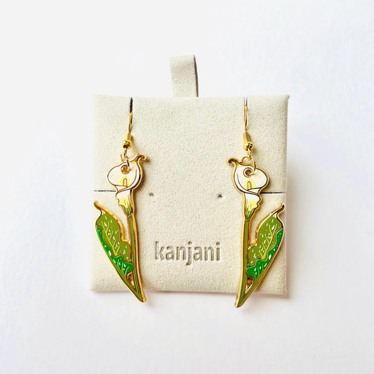 Calla Lily hook gold hard enamel earrings