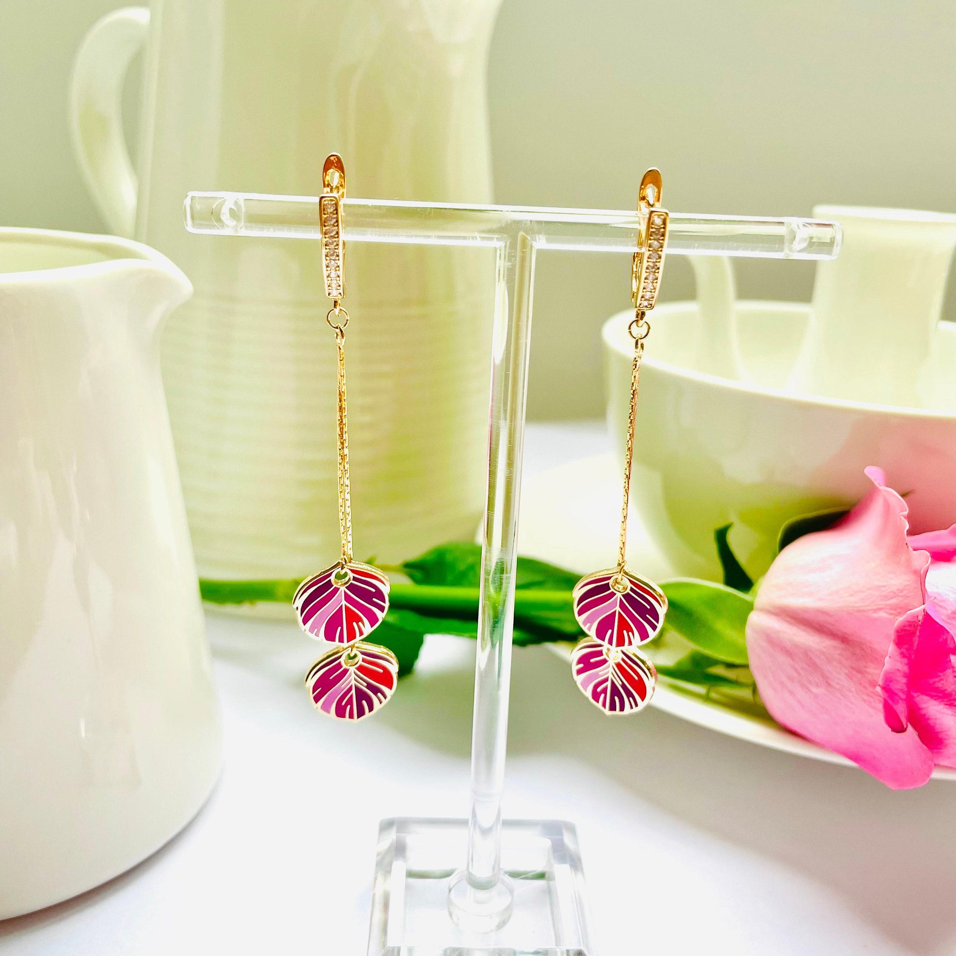 Red hard enamel cloisonné feather dangle drop earrings