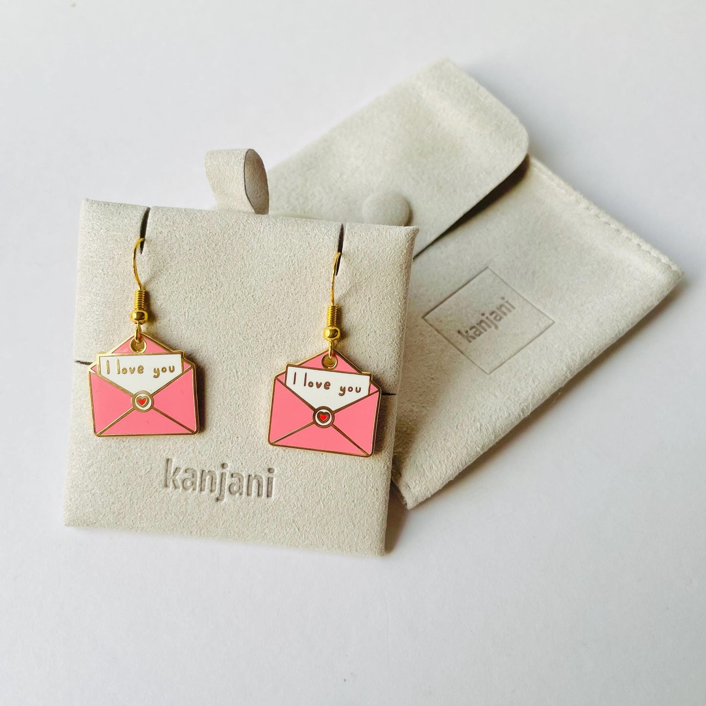 Love letter pink gold hard enamel hook or stud dangle earrings