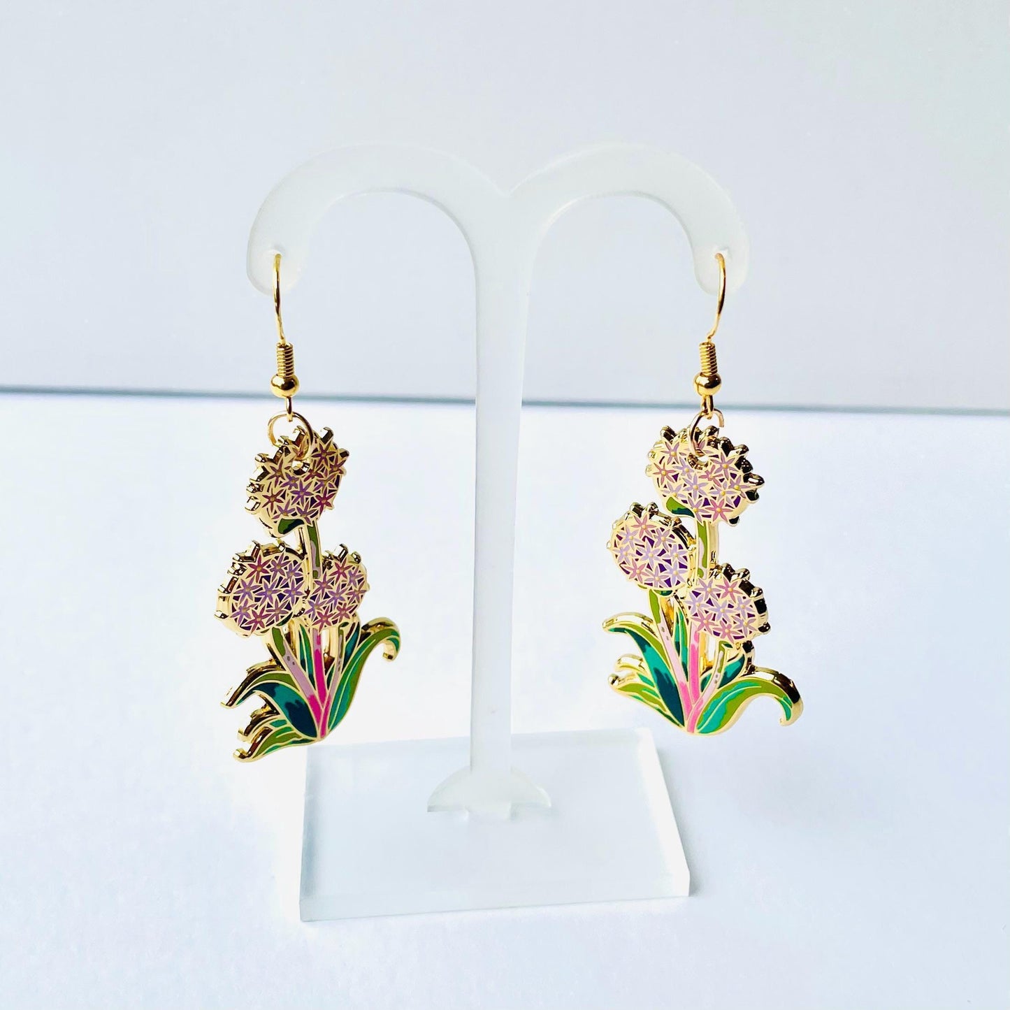 Purple Allium hook dangle gold hard enamel earrings