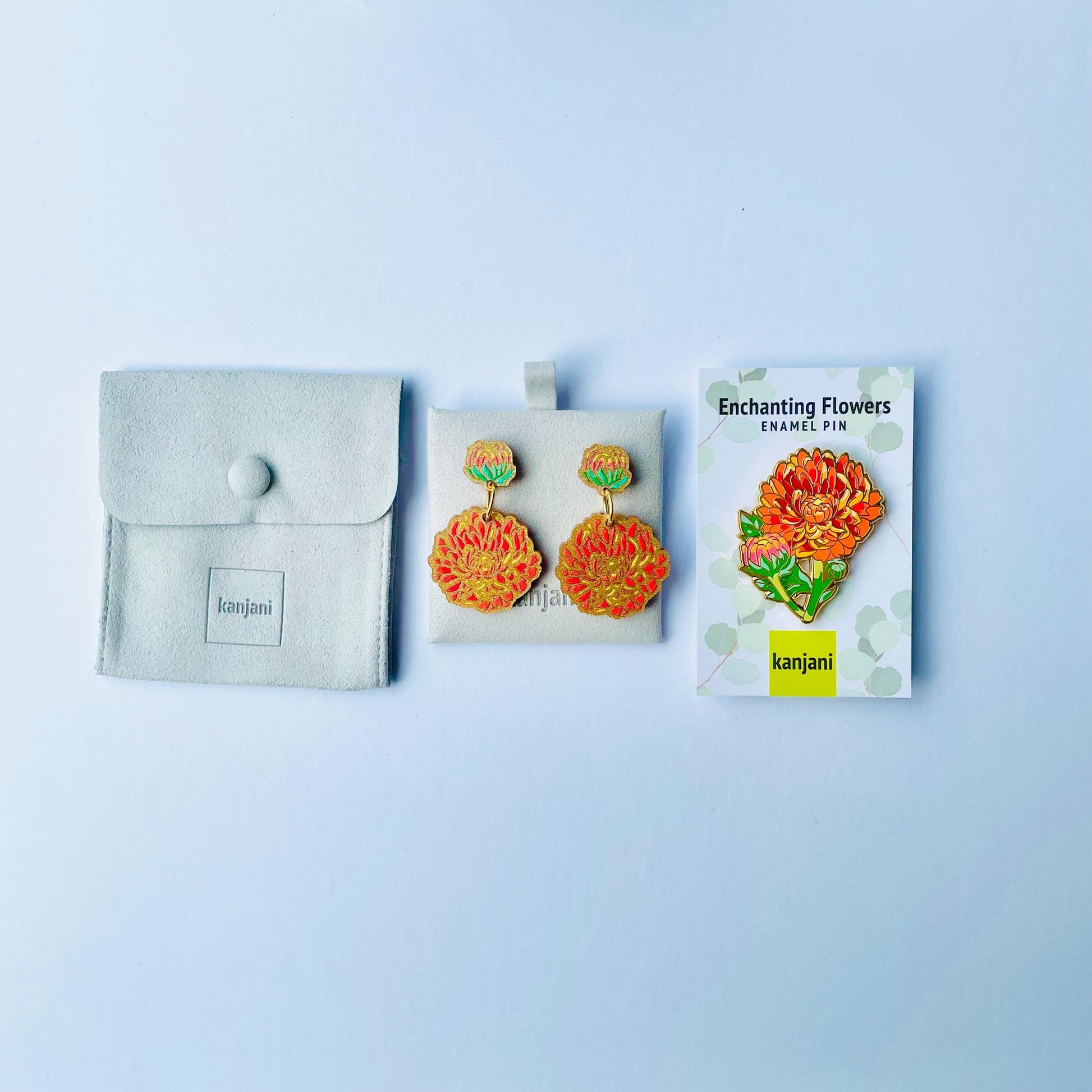 Orange chrysanthemum acrylic stud dangle gold hard enamel earrings