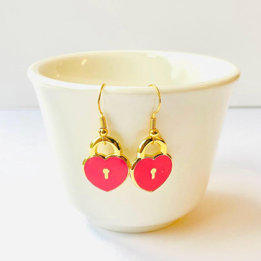 Heart padlock gold heart enamel dangle earrings stud or hook