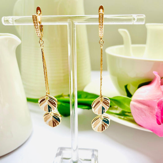 Mocha brown cream black dangle drop hard enamel cloisonné quetzal feather earrings