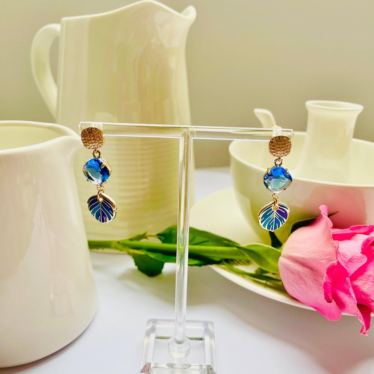 Blue Feather Earrings: Gold Plated with Cubic Zirconia Dangles, Advent calendar