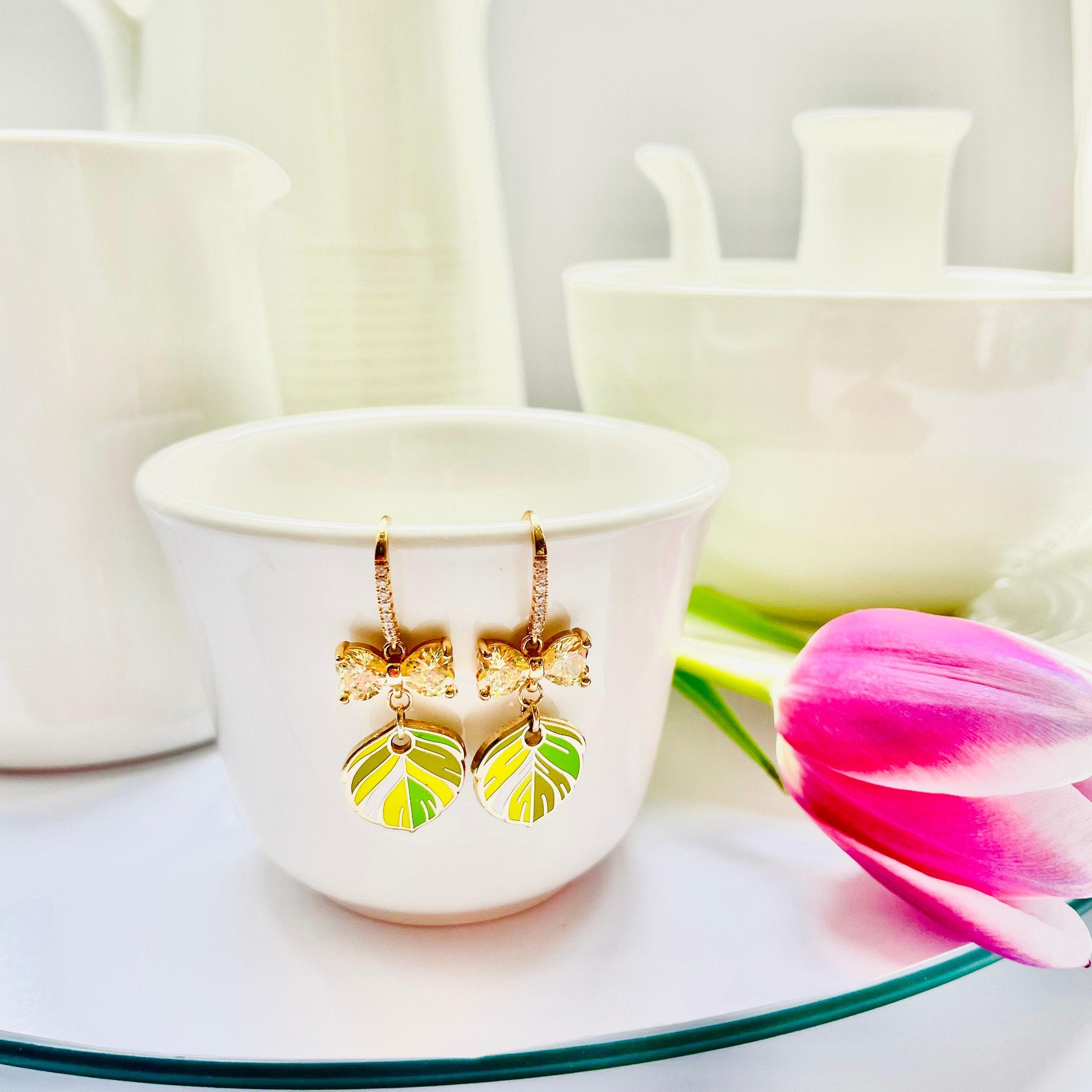 Bow feather lime citrus green dangle drop enamel cubic zirconia earrings
