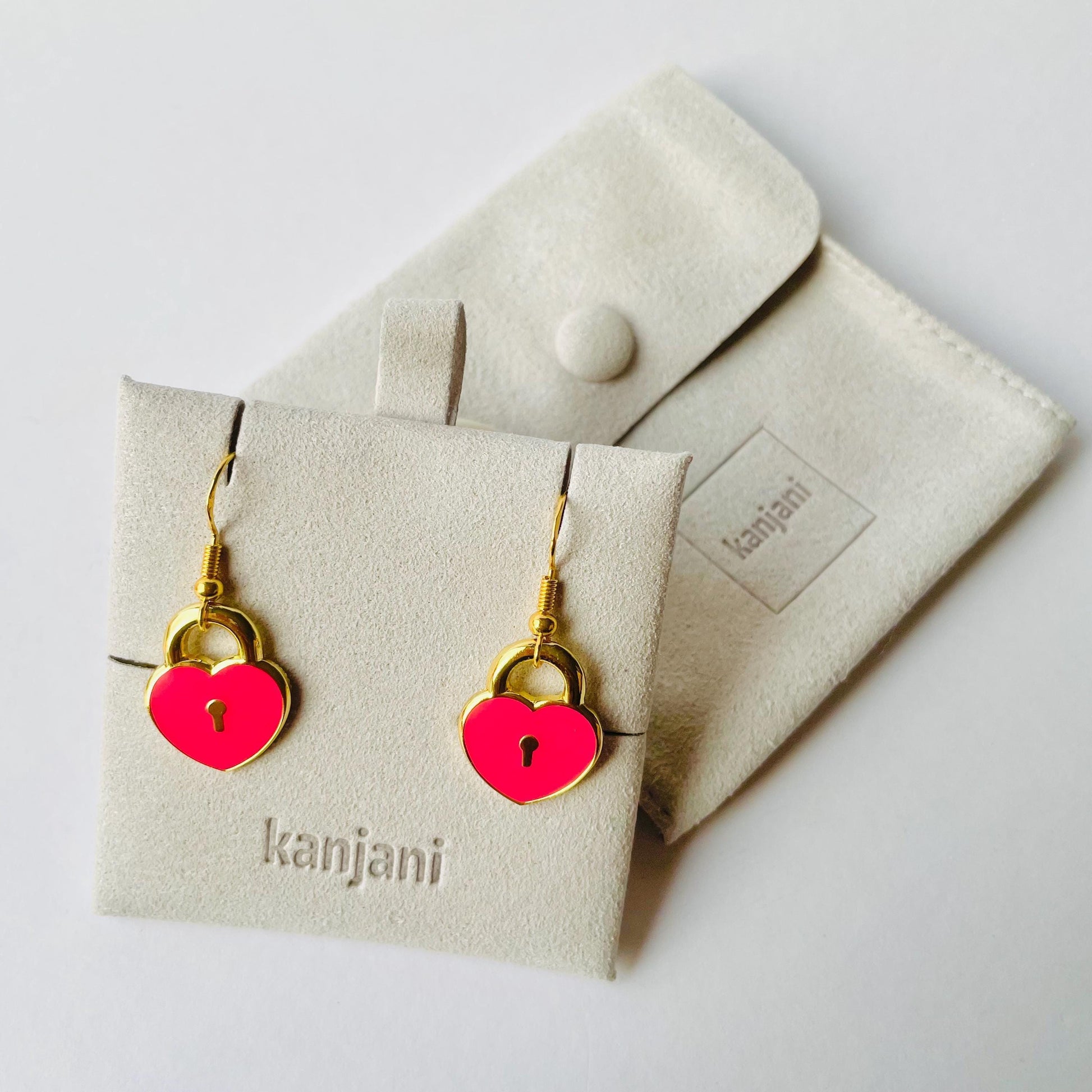 Heart padlock gold heart enamel dangle earrings stud or hook