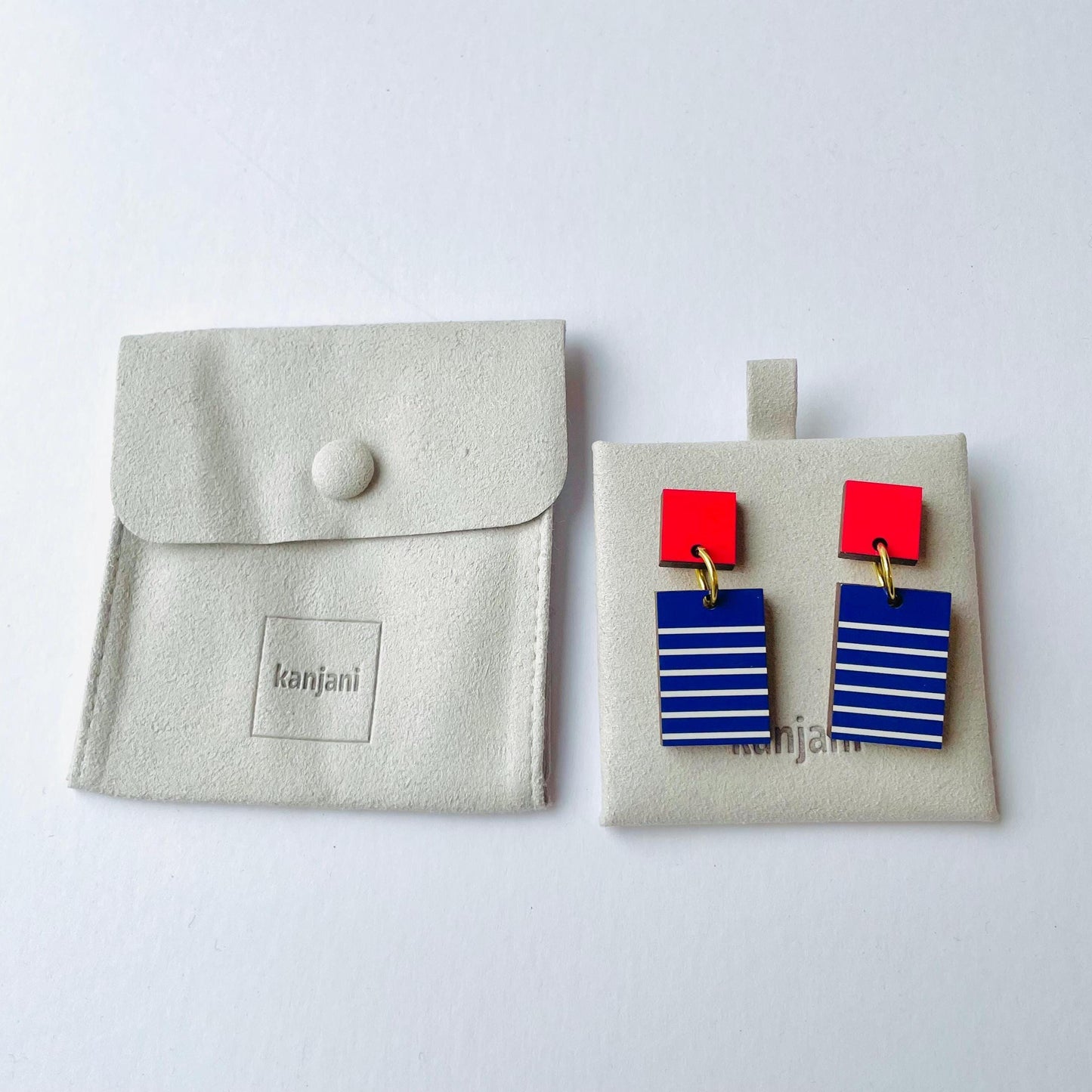 Blue and red geometric Breton earrings, rectangle minimalist design, wood earrings