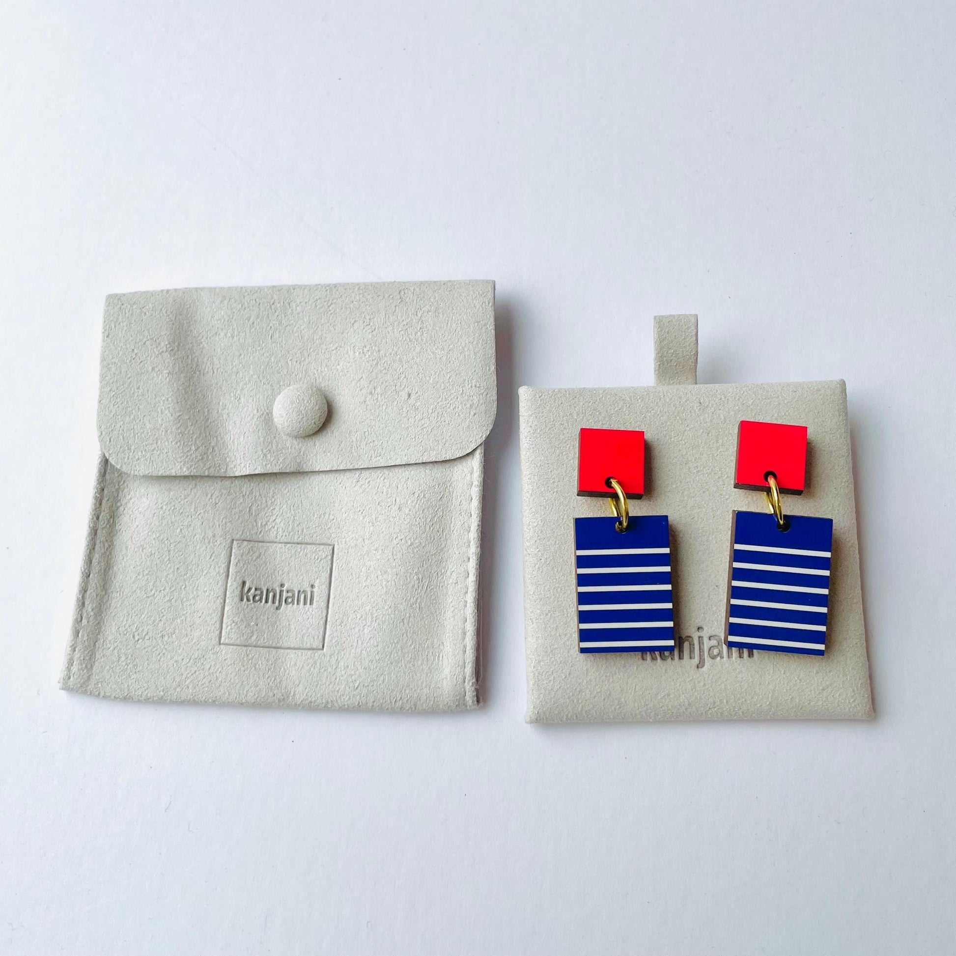 Blue and red geometric Breton earrings, rectangle minimalist design, wood earrings