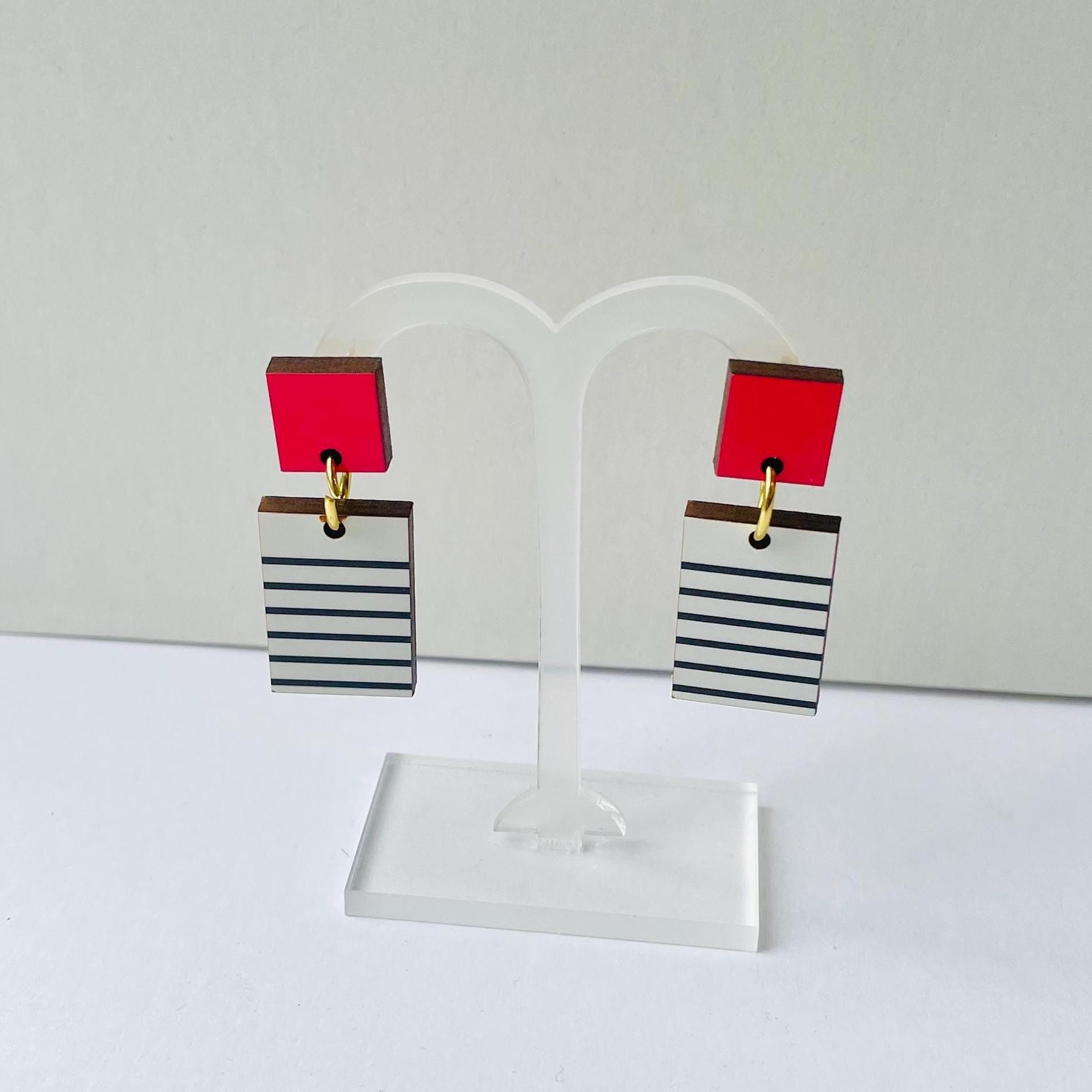 White and red geometric Breton earrings, rectangle minimalist design, wood earrings