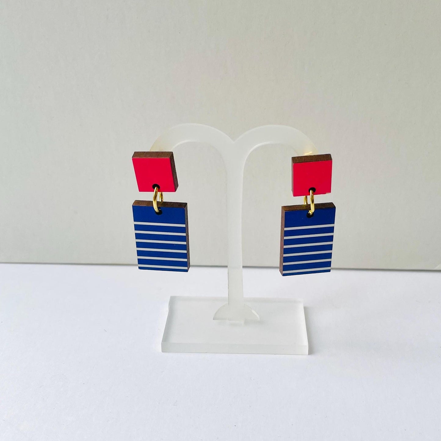 Blue and red geometric Breton earrings, rectangle minimalist design, wood earrings