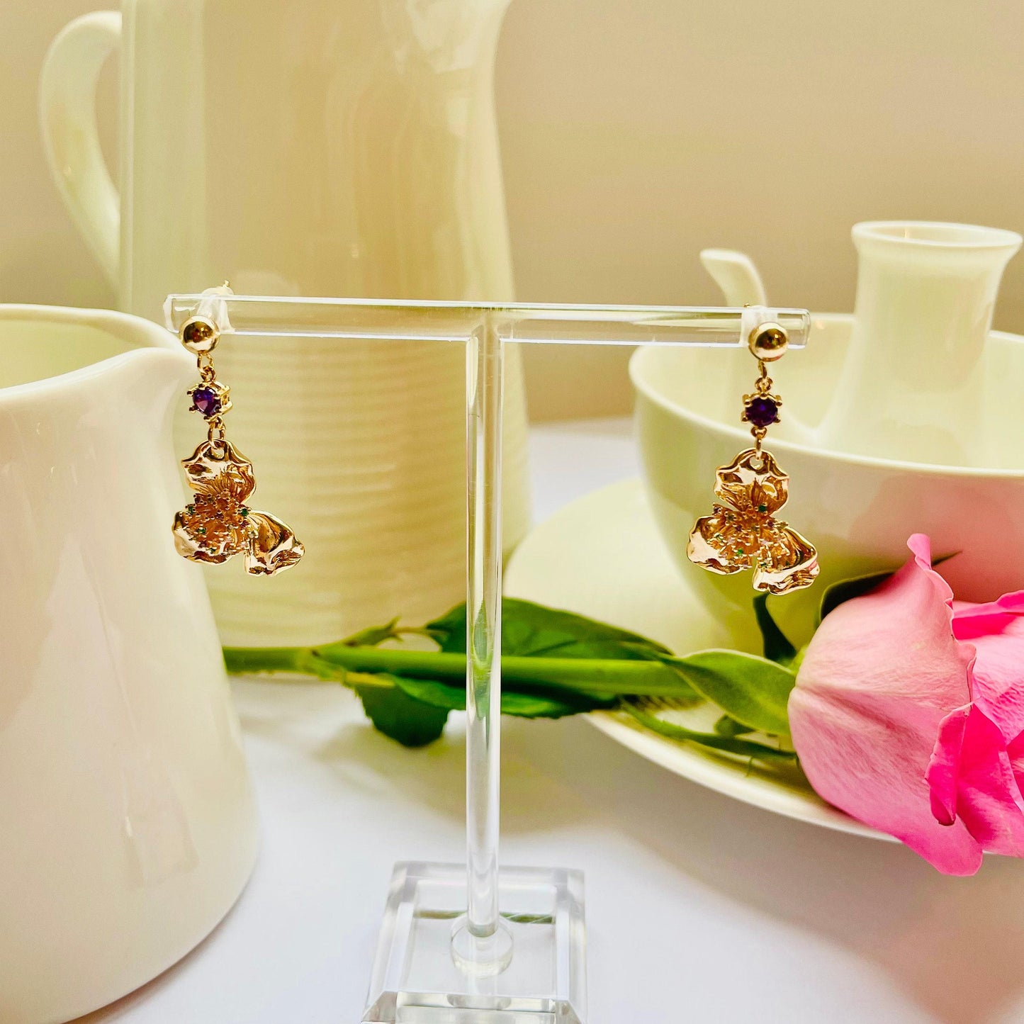 Flower Colorful purple crystals dangle-drop earrings