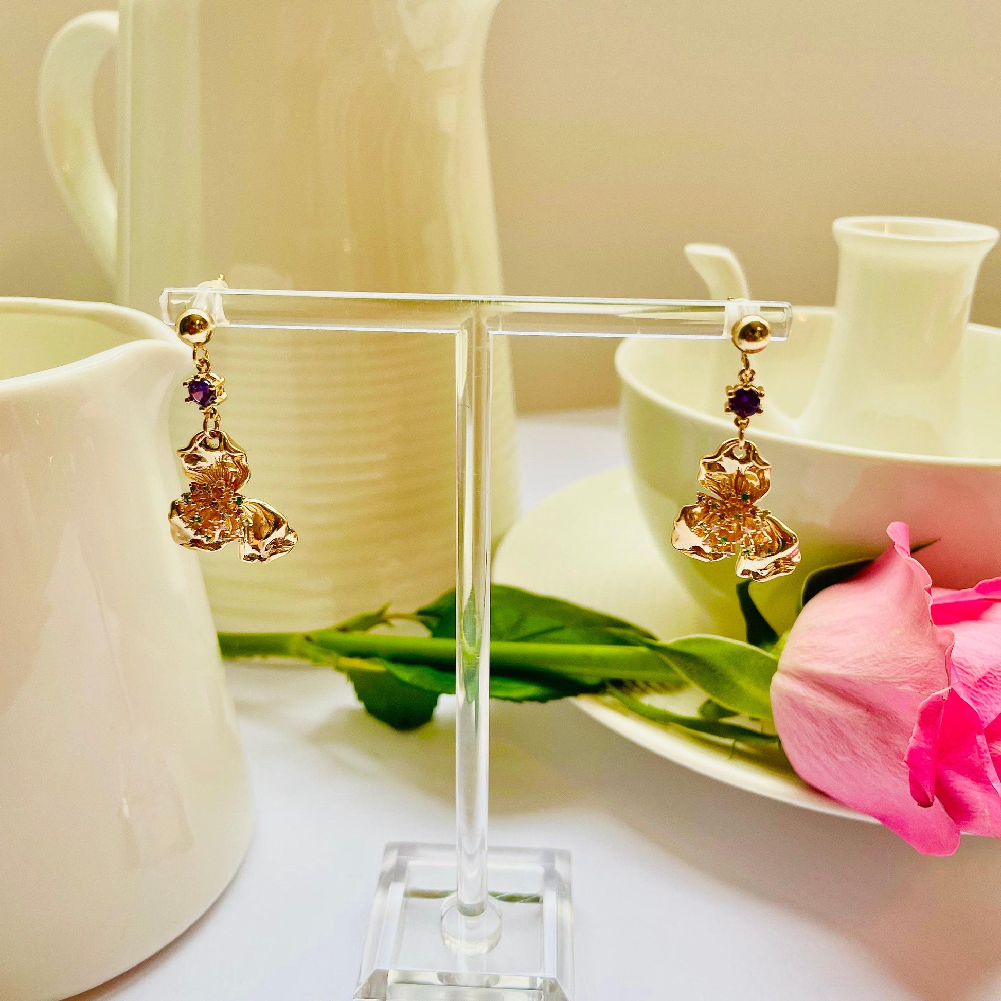 Flower Colorful purple crystals dangle-drop earrings