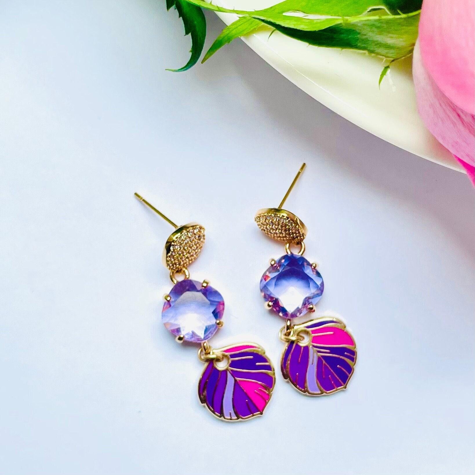 Purple crystal pendant Enamel feather stud dangle drop earrings