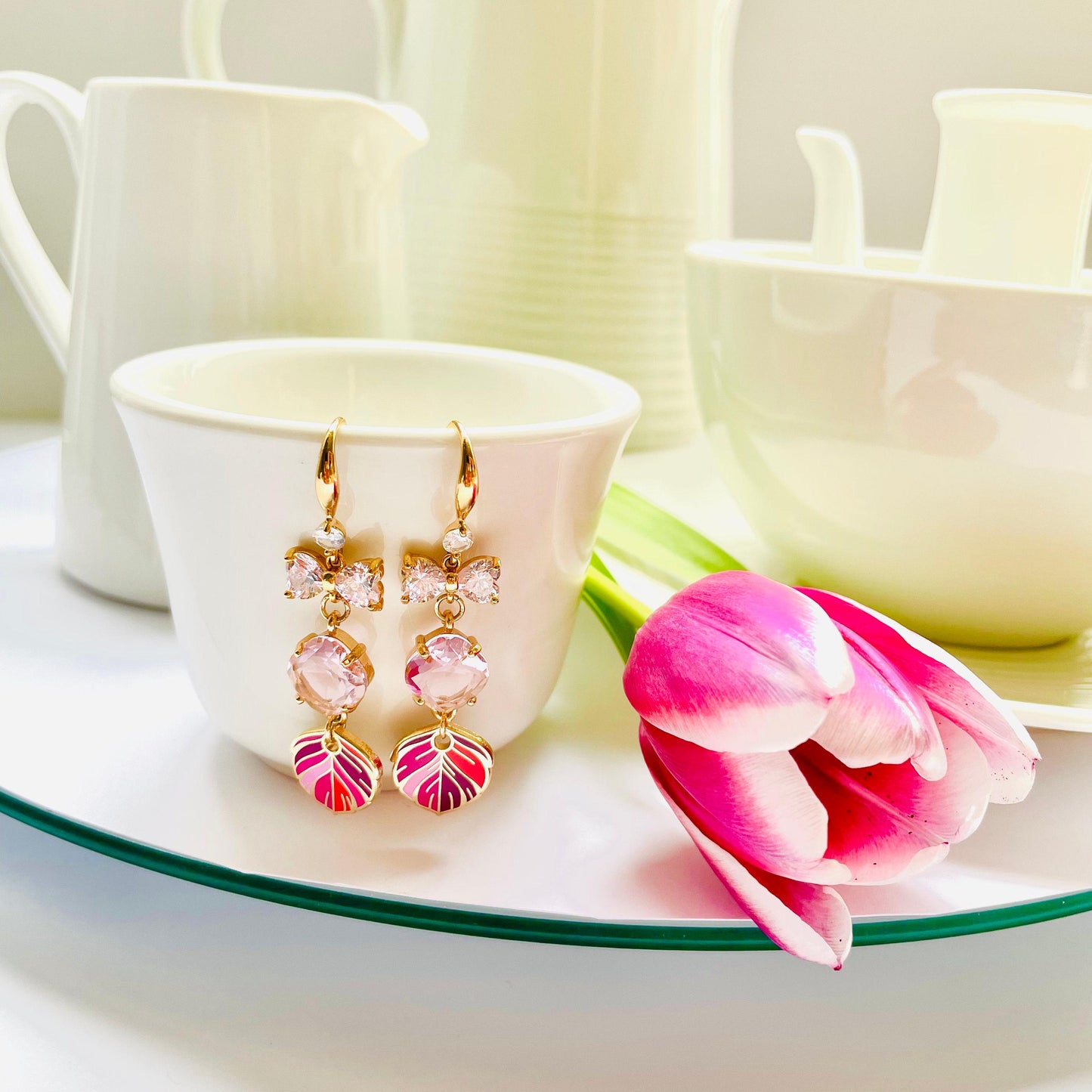 Red triple pendant cubic zirconia enamel feather dangle drop earrings