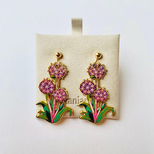 Purple Allium stud dangle gold hard enamel earrings
