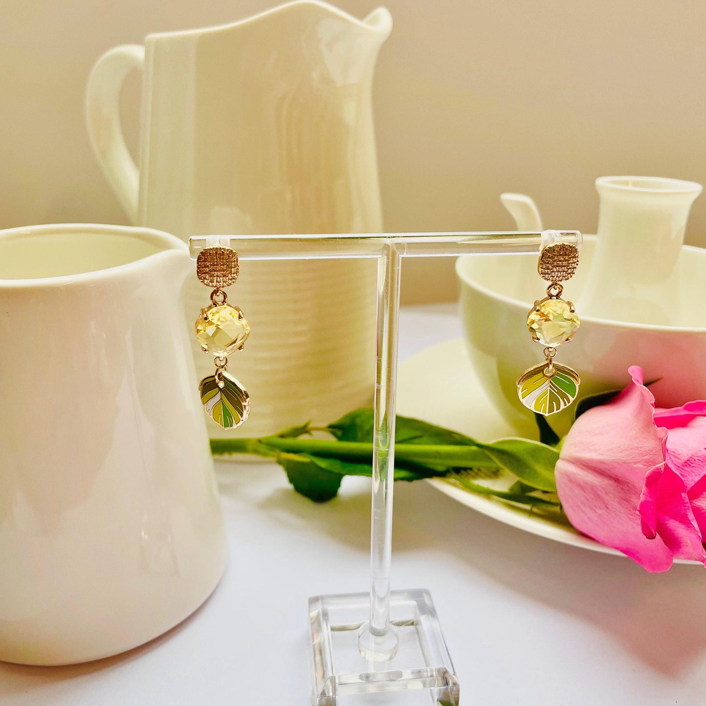 Feather Dangle Earrings: Lime Green and Gold - Cubic Zirconia Detail, Advent calendar